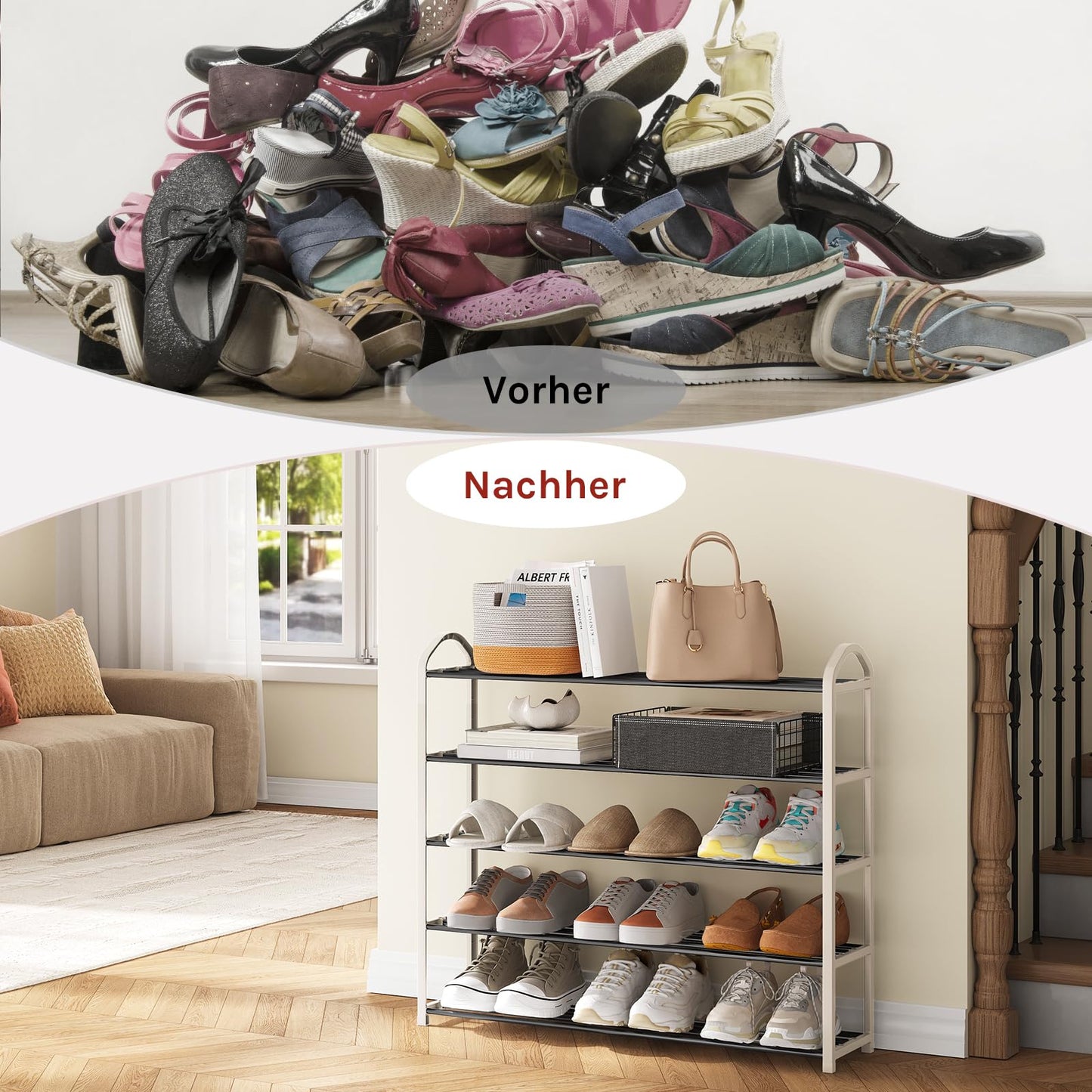 Woltu Schuhregal – 79 x 75 x 18,5 cm – 5 Ebenen – Tragegriff – Grau/Creme