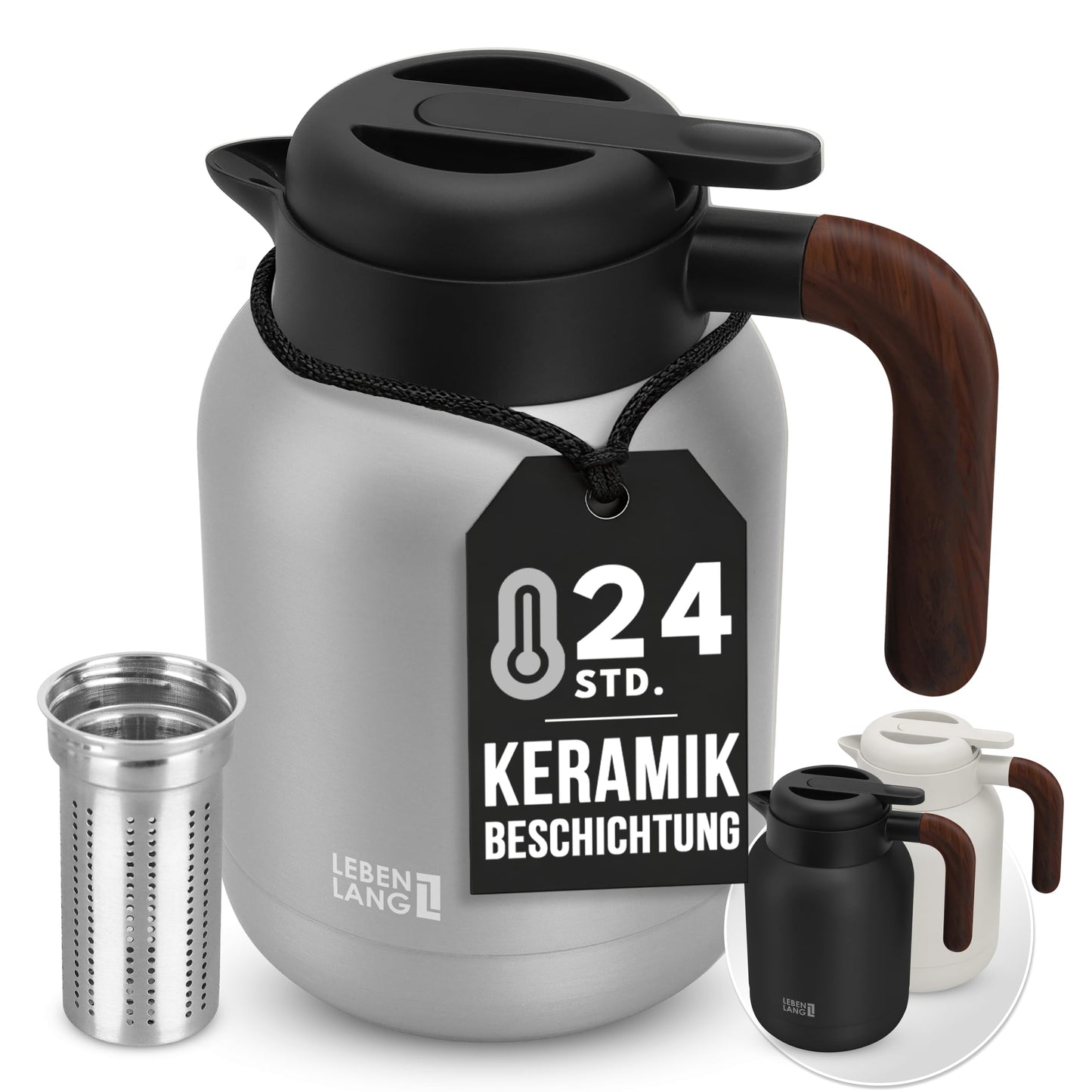 Lebenlang Thermoskanne – 1,5 l – Teesieb – 24 Stunden – Schwarz