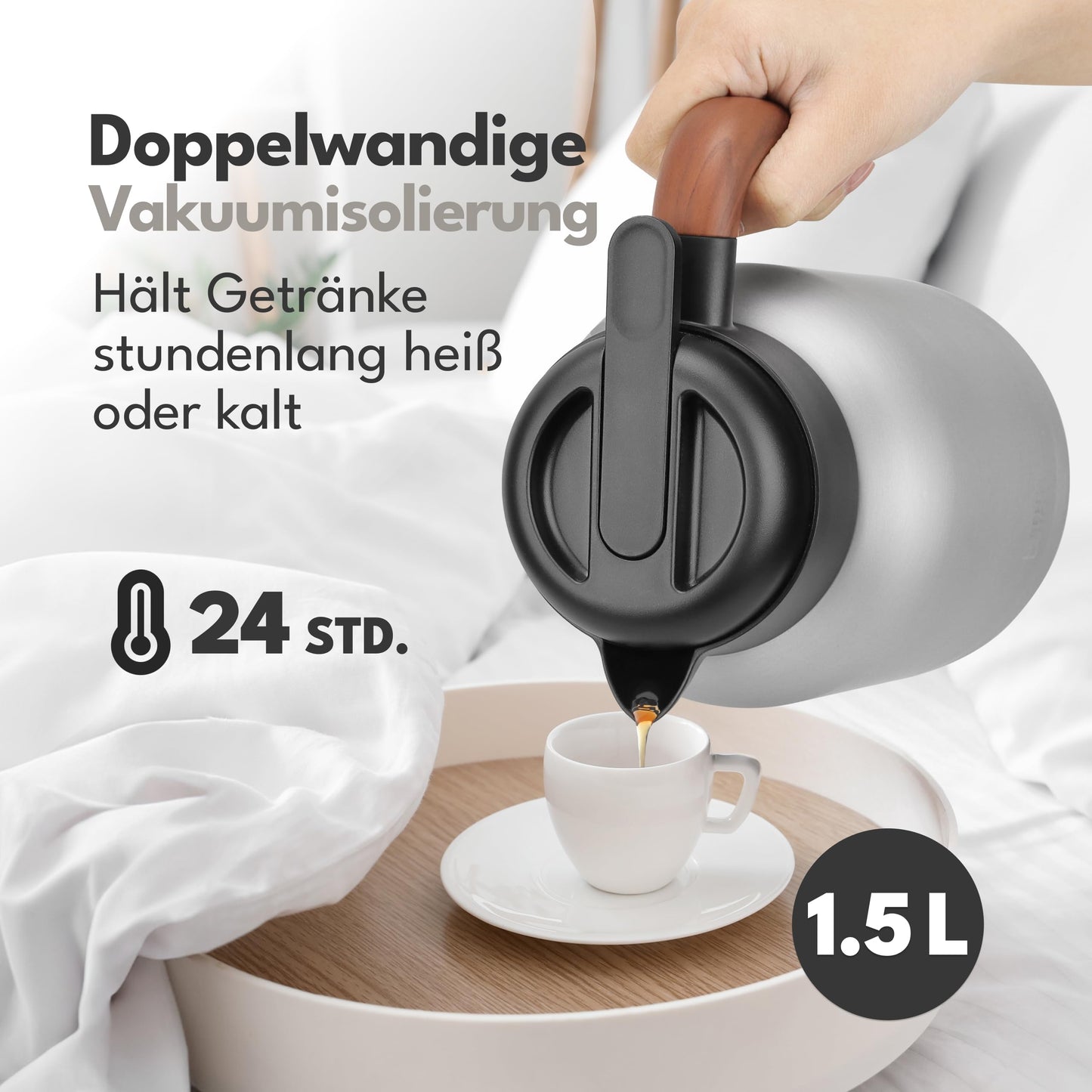 Lebenlang Thermoskanne – 1,5 l – Teesieb – 24 Stunden – Schwarz