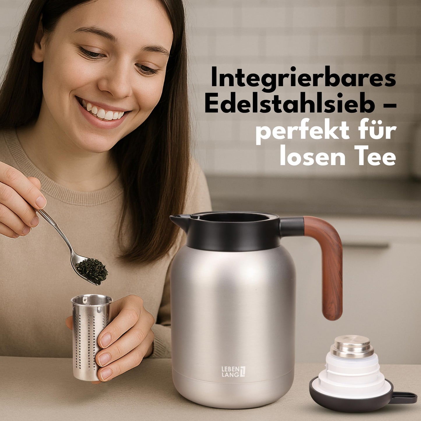 Lebenlang Thermoskanne – 1,5 l – Teesieb – 24 Stunden – Schwarz