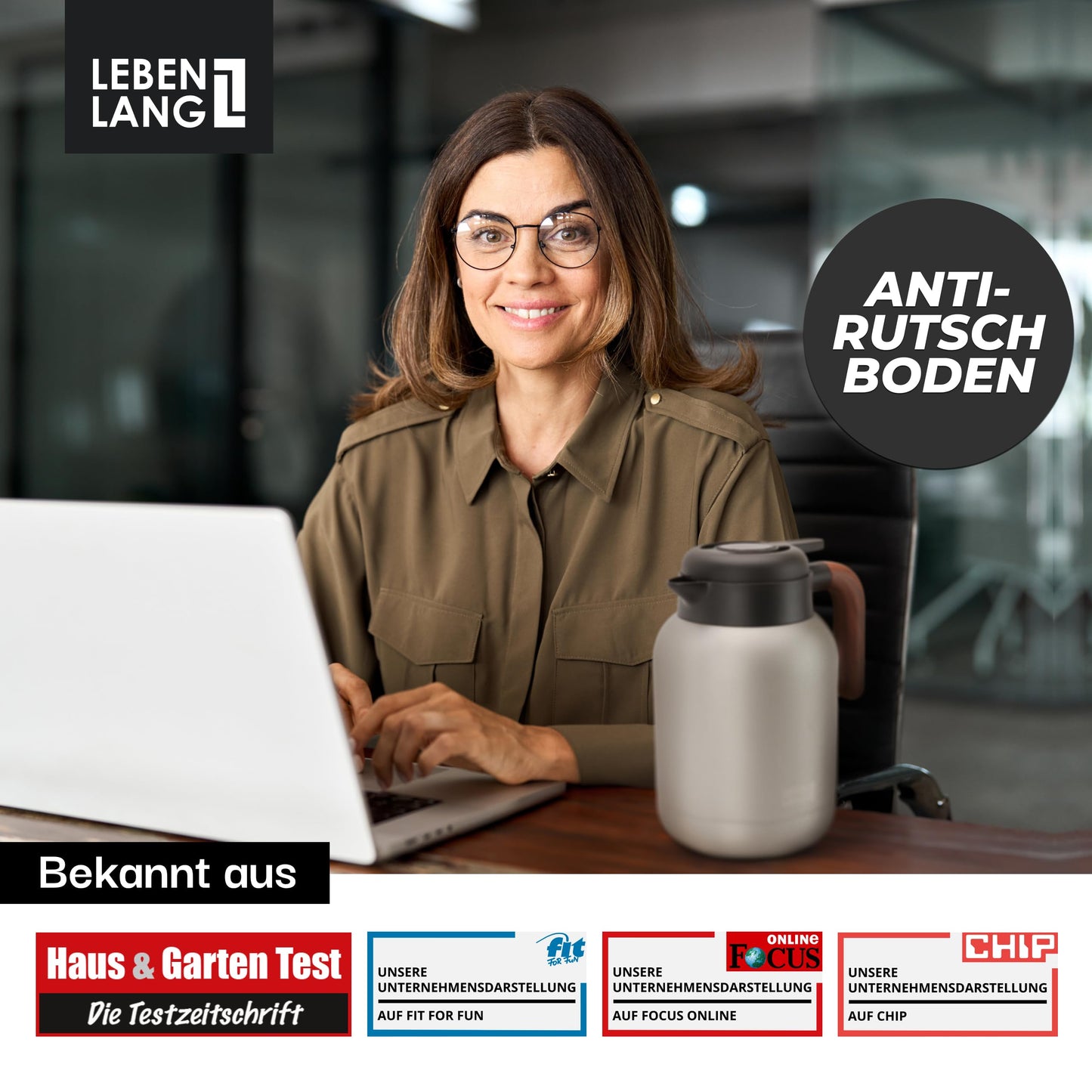 Lebenlang Thermoskanne – 1,5 l – Teesieb – 24 Stunden – Schwarz