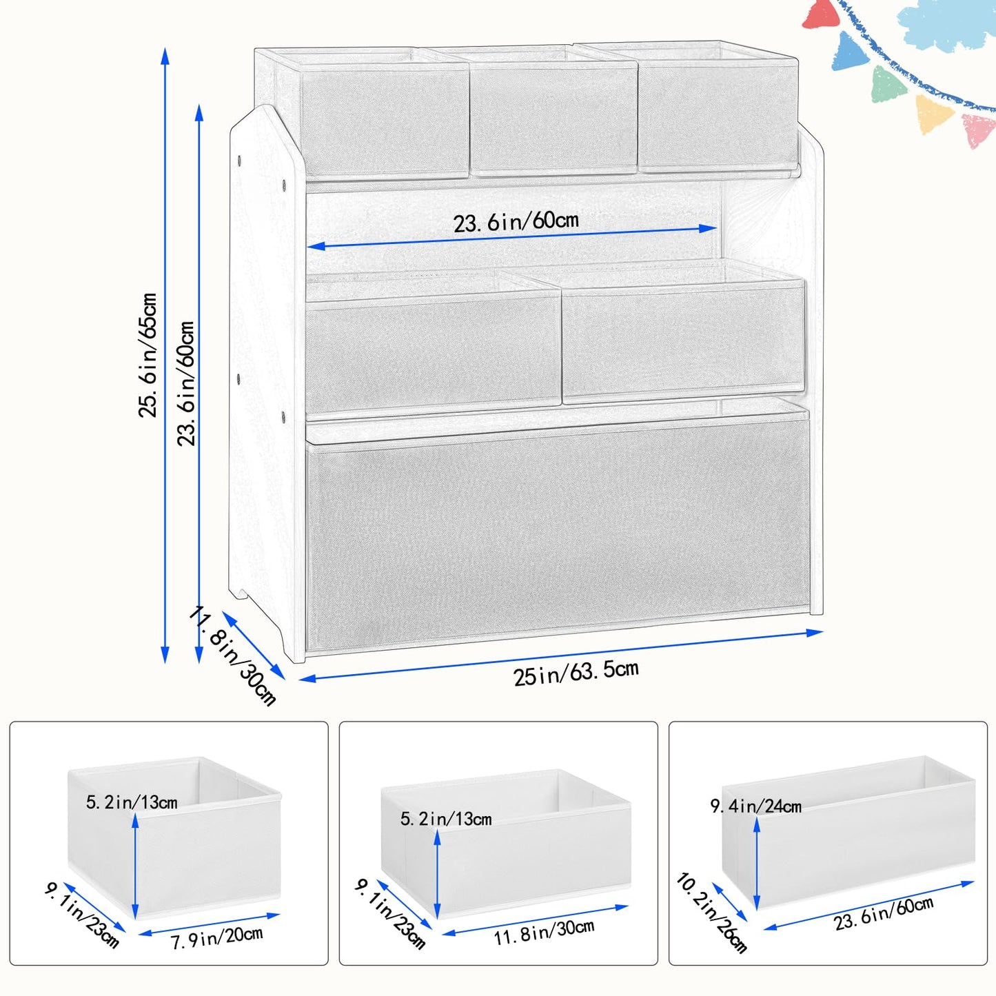 Lestarain Aufbewahrungsschrank für Kinder – 63 x 60 x 30 cm – 9 Fächer – Weiß/Grau