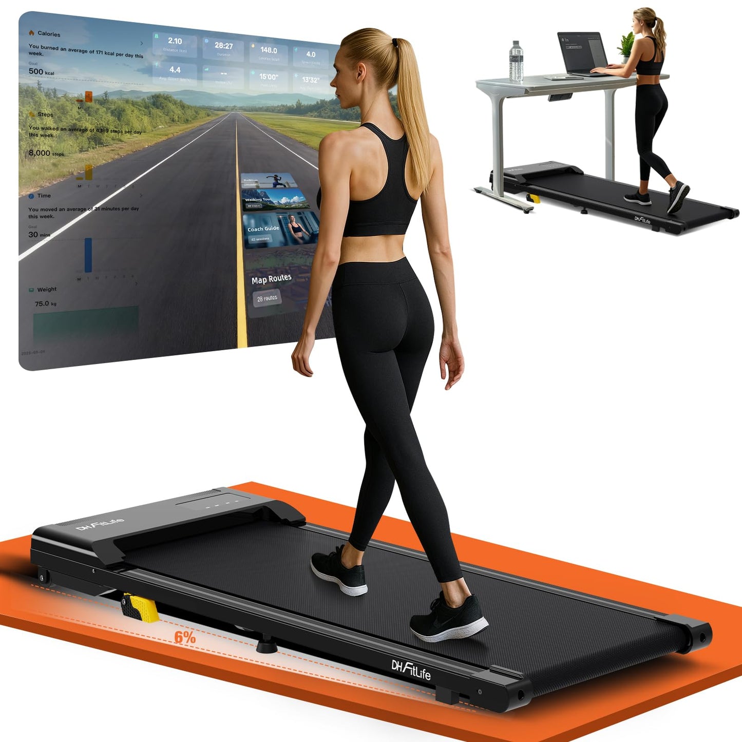 DH FitLife Walking Pad – 2026 – 1–6 km/h – 0–6 % Steigung – Steuerung über App