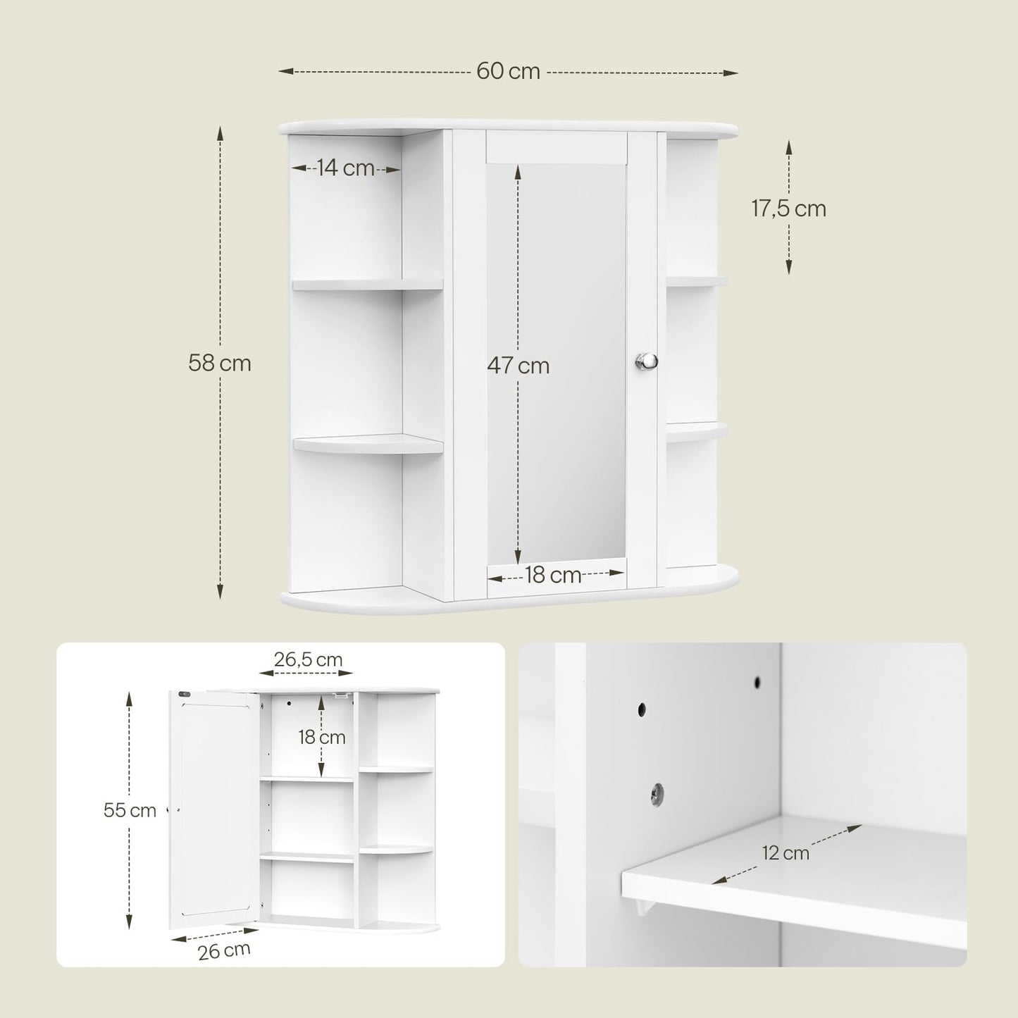 Esituro Spiegelschrank – 60 x 58 x 16 cm – Wandschrank – MDF – Weiß