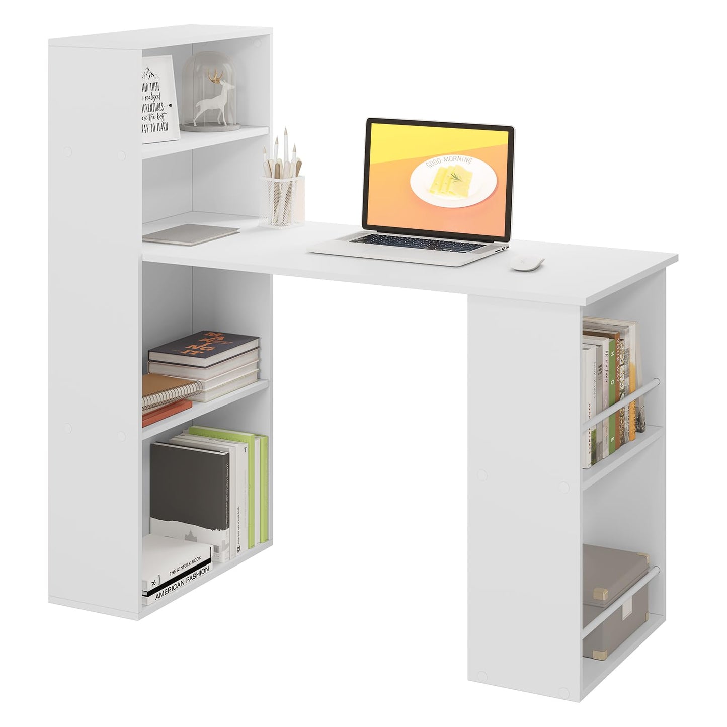 Esituro Schreibtisch – 120 x 55 x 120 cm – mit Stauraum und Bücherregal – Weiß