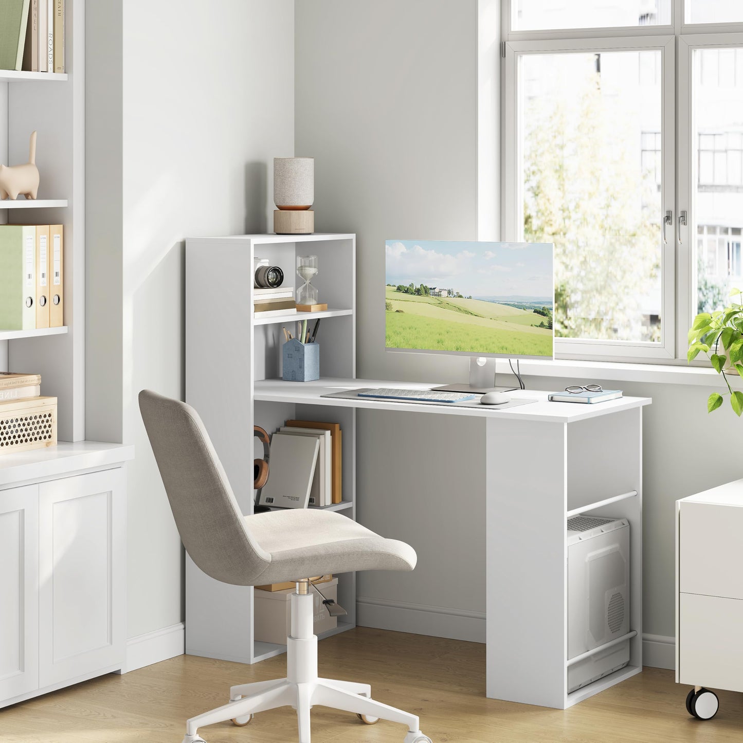 Esituro Schreibtisch – 120 x 55 x 120 cm – mit Stauraum und Bücherregal – Weiß