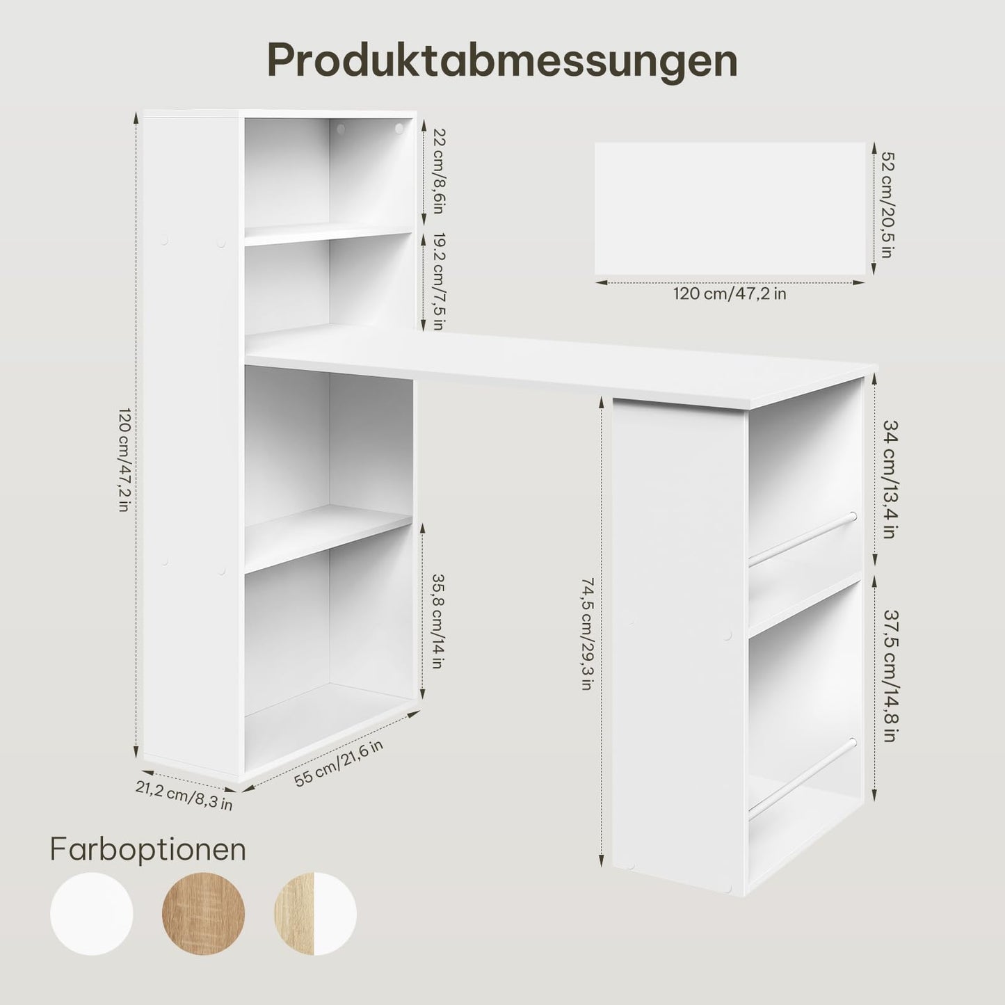 Esituro Schreibtisch – 120 x 55 x 120 cm – mit Stauraum und Bücherregal – Weiß