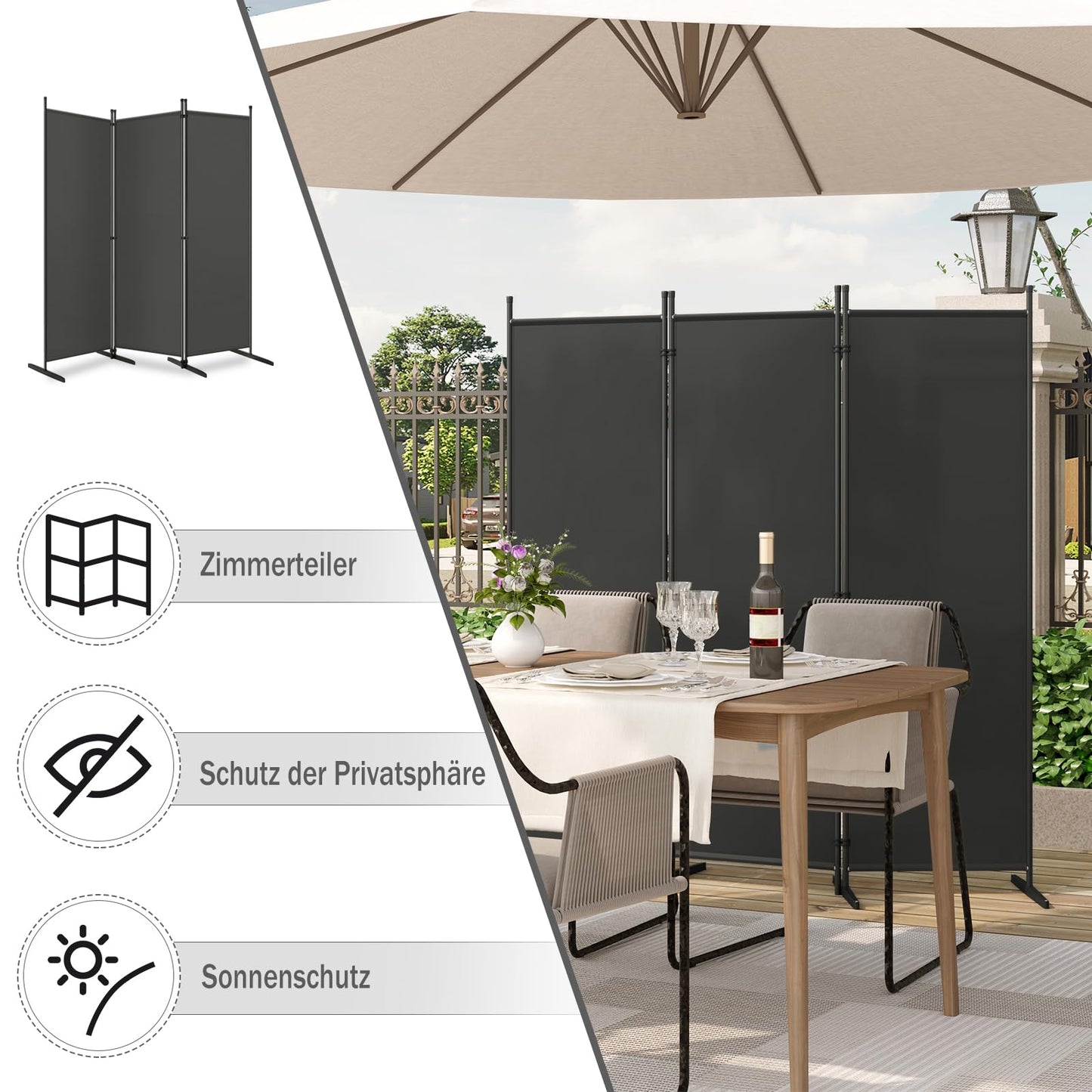 Woltu Raumteiler – 3 Paneele – 167 x 177 cm – Polyester/Metall – Dunkelgrau