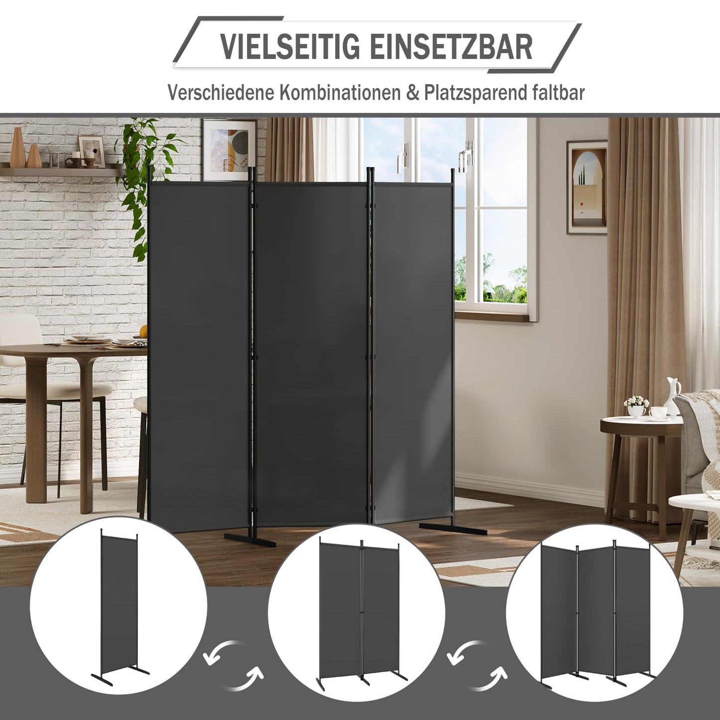 Woltu Raumteiler – 3 Paneele – 167 x 177 cm – Polyester/Metall – Dunkelgrau