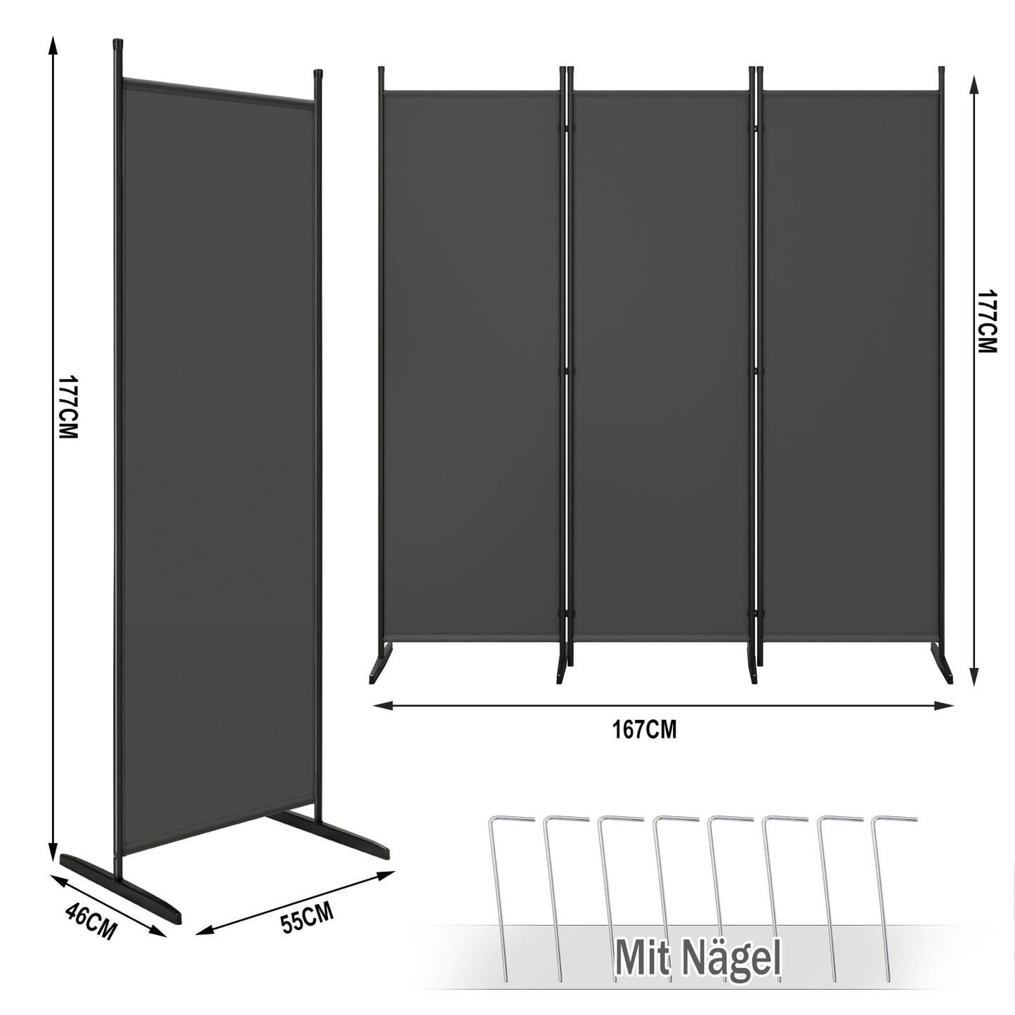 Woltu Raumteiler – 3 Paneele – 167 x 177 cm – Polyester/Metall – Dunkelgrau