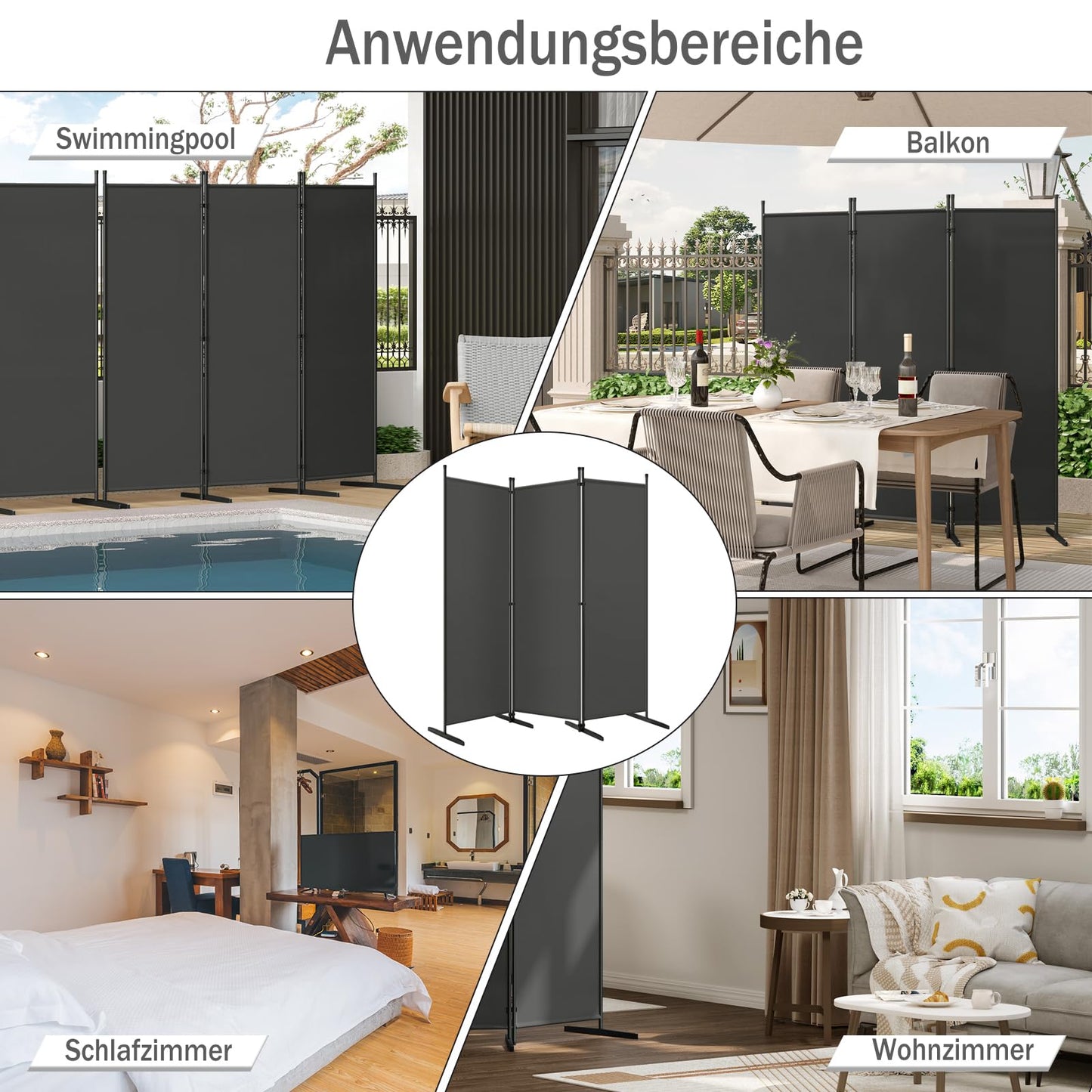 Woltu Raumteiler – 3 Paneele – 167 x 177 cm – Polyester/Metall – Dunkelgrau