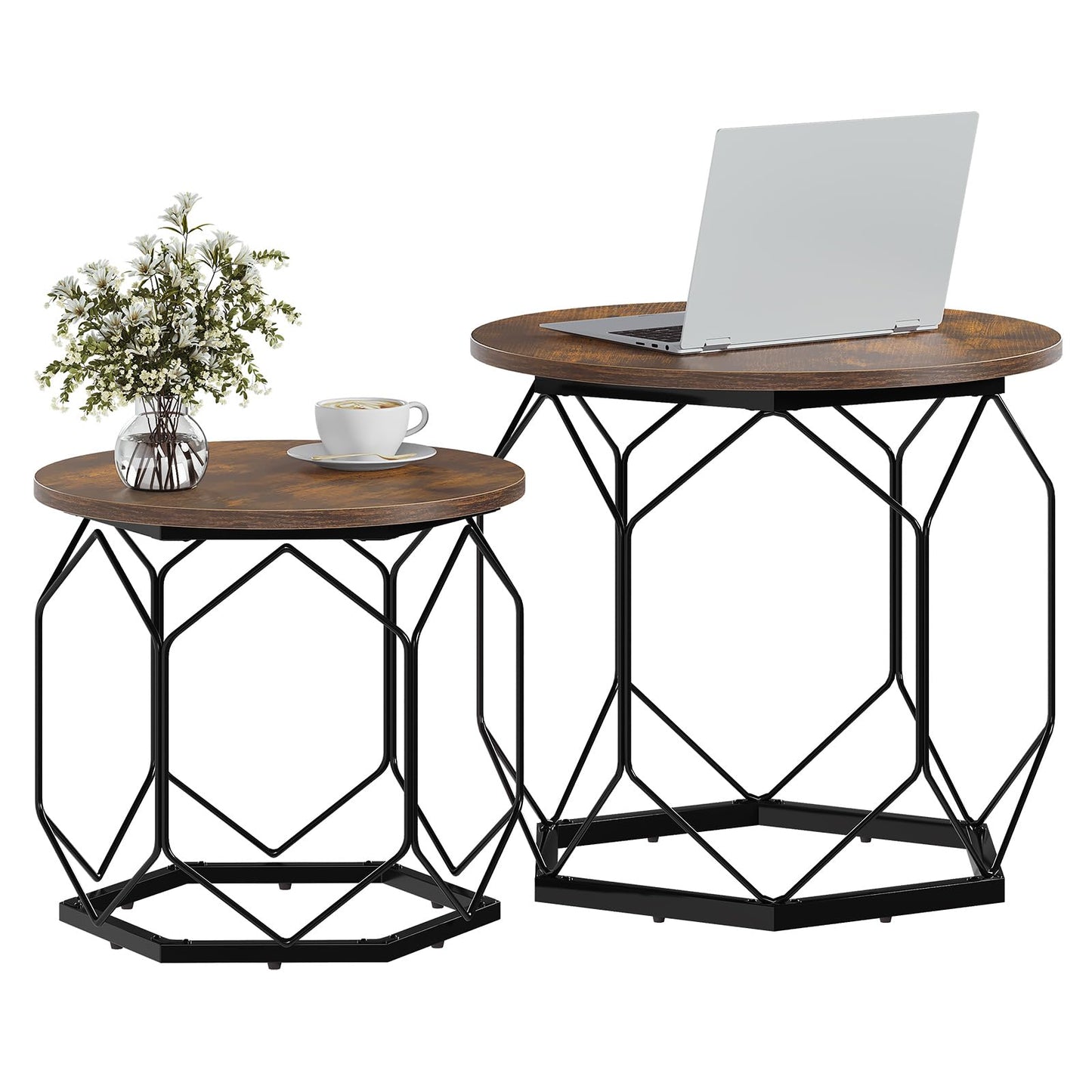 Woltu Couchtisch-Set – 2-teilig – rund – Holzmaserung Braun/Schwarz