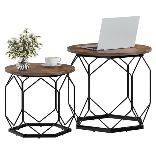 Woltu Couchtisch-Set – 2-teilig – rund – Holzmaserung Braun/Schwarz