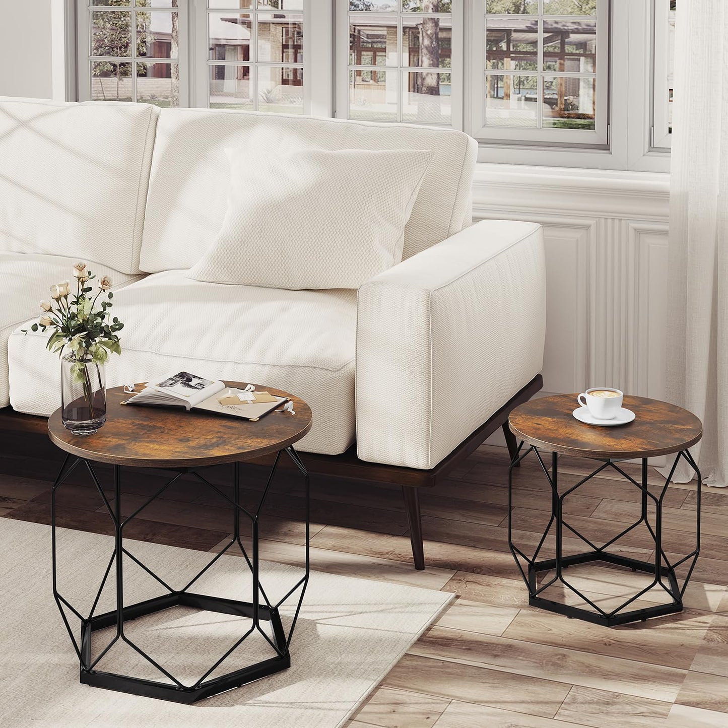 Woltu Couchtisch-Set – 2-teilig – rund – Holzmaserung Braun/Schwarz