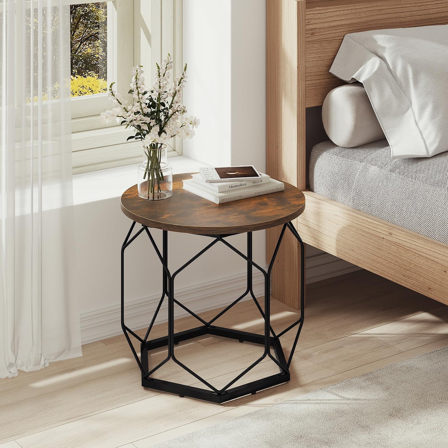 Woltu Couchtisch-Set – 2-teilig – rund – Holzmaserung Braun/Schwarz