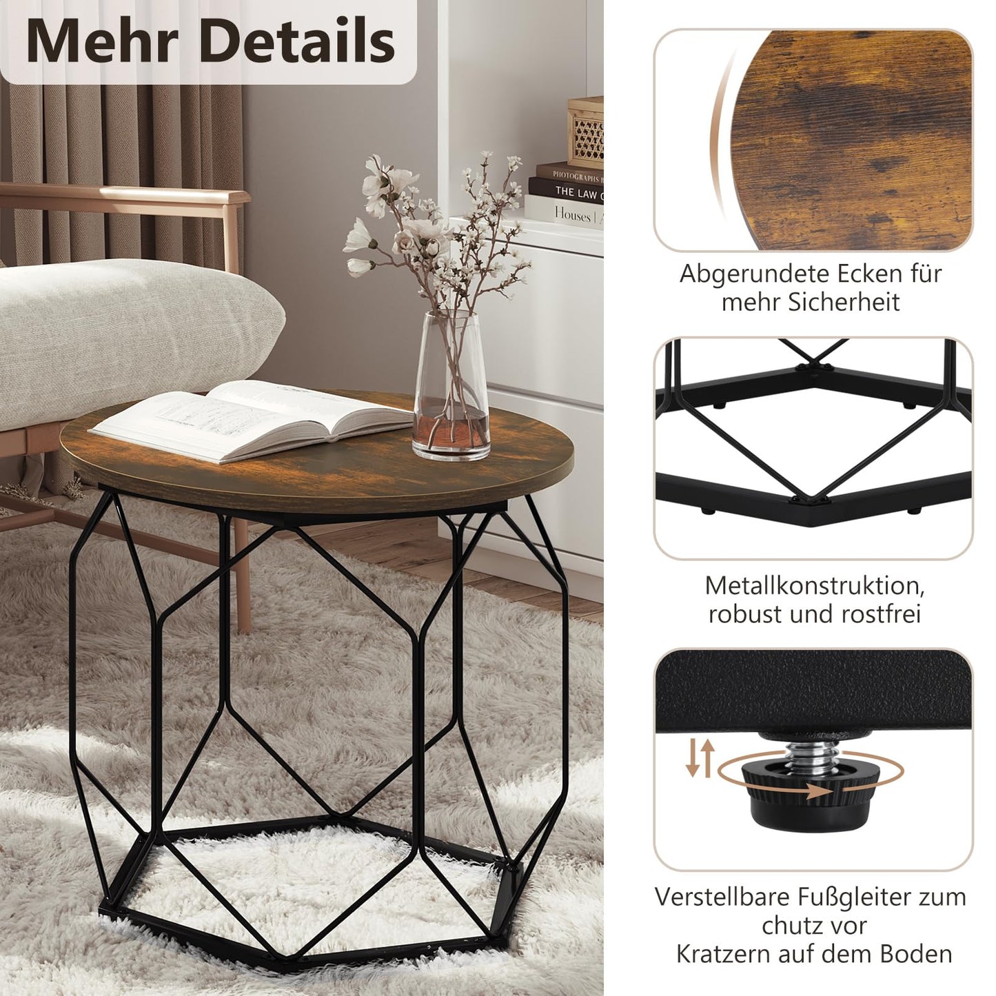 Woltu Couchtisch-Set – 2-teilig – rund – Holzmaserung Braun/Schwarz