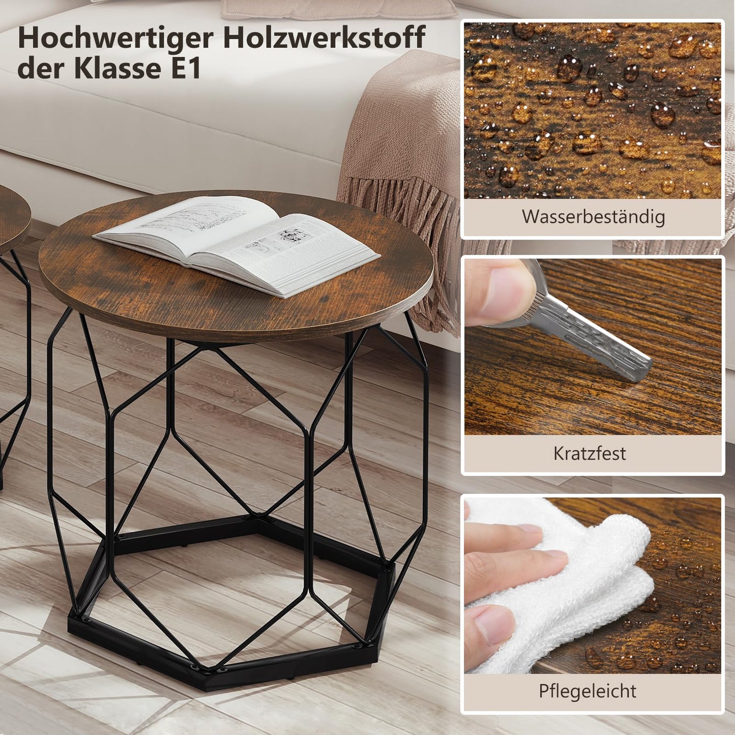 Woltu Couchtisch-Set – 2-teilig – rund – Holzmaserung Braun/Schwarz
