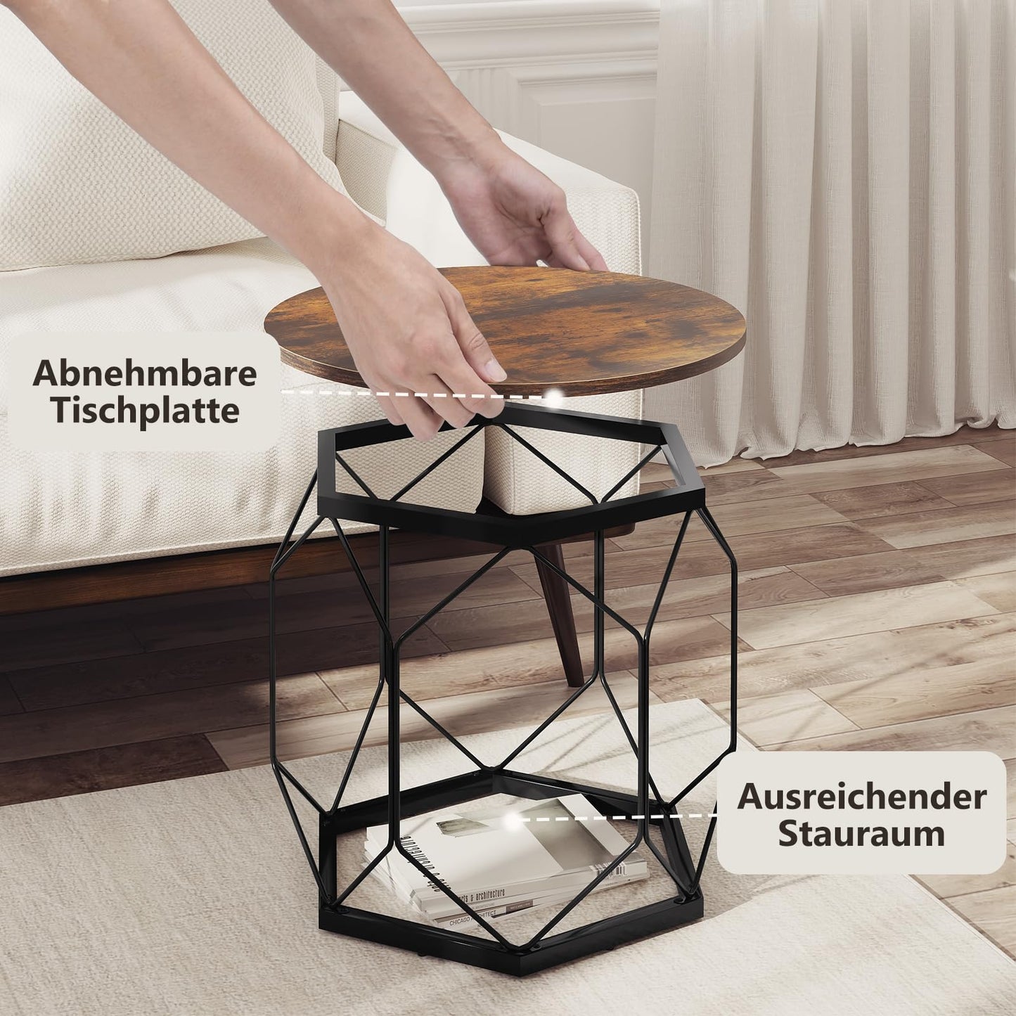 Woltu Couchtisch-Set – 2-teilig – rund – Holzmaserung Braun/Schwarz