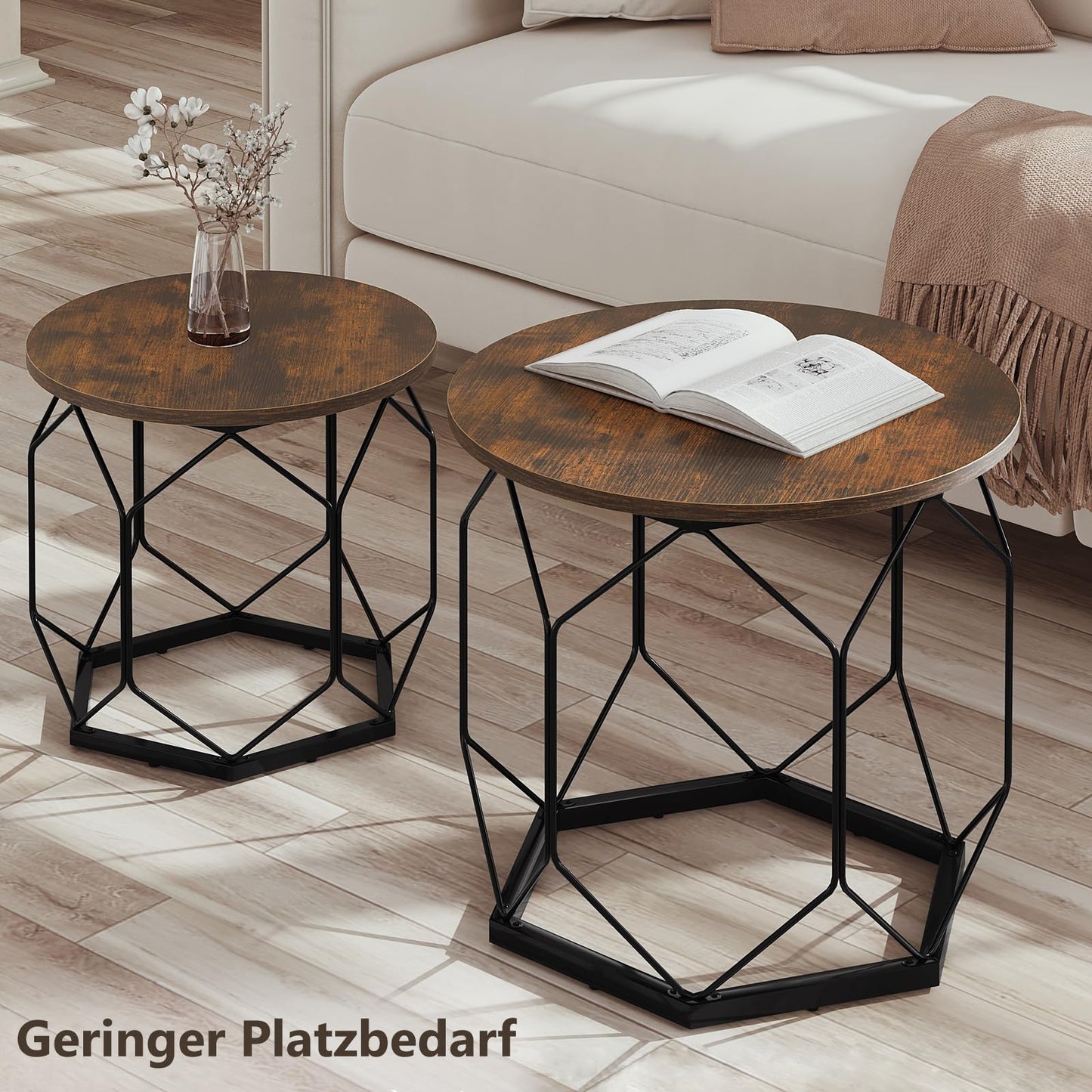 Woltu Couchtisch-Set – 2-teilig – rund – Holzmaserung Braun/Schwarz