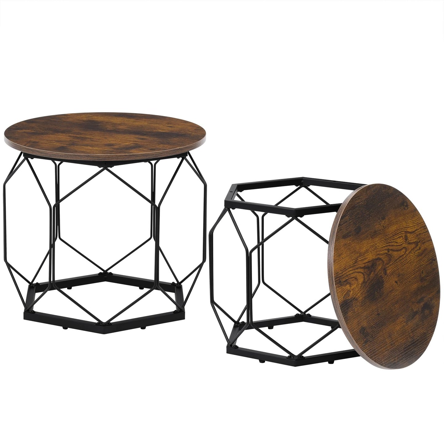 Woltu Couchtisch-Set – 2-teilig – rund – Holzmaserung Braun/Schwarz