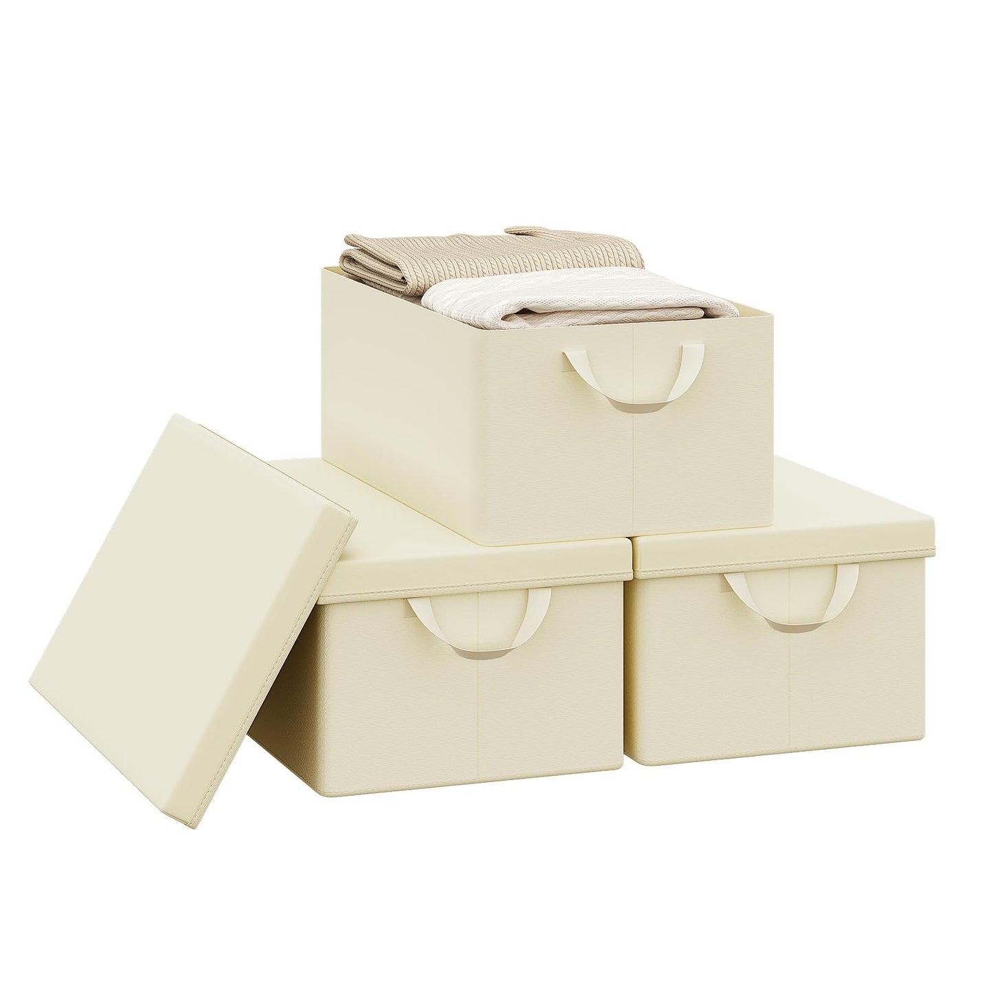 WOLTU Aufbewahrungsbox – Deckel – Zusammenklappbar – Griffe – 3 Stück – 48 x 29 x 20 cm – Cremefarben