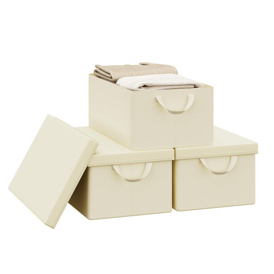 WOLTU Aufbewahrungsbox – Deckel – Zusammenklappbar – Griffe – 3 Stück – 48 x 29 x 20 cm – Cremefarben