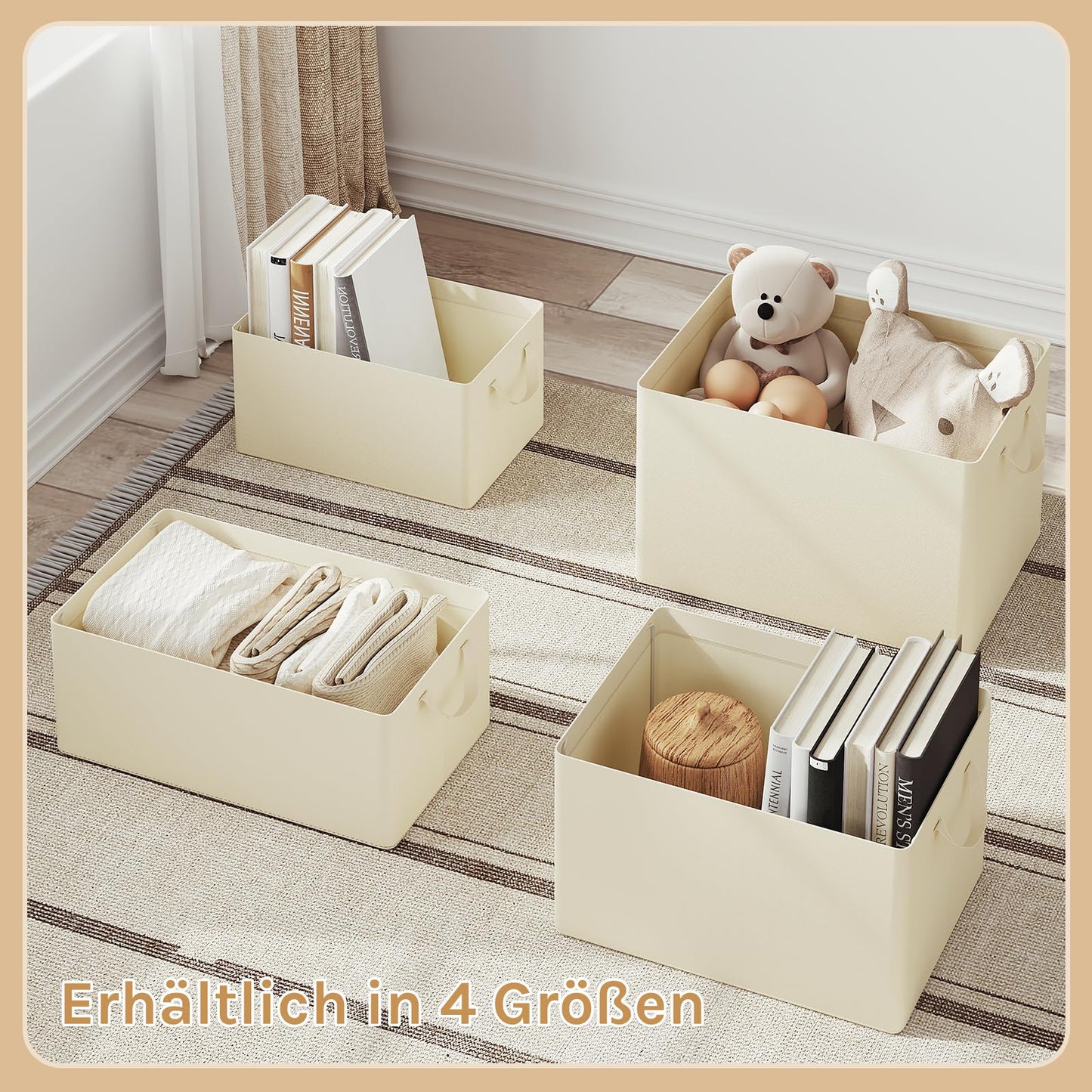 WOLTU Aufbewahrungsbox – Deckel – Zusammenklappbar – Griffe – 3 Stück – 48 x 29 x 20 cm – Cremefarben