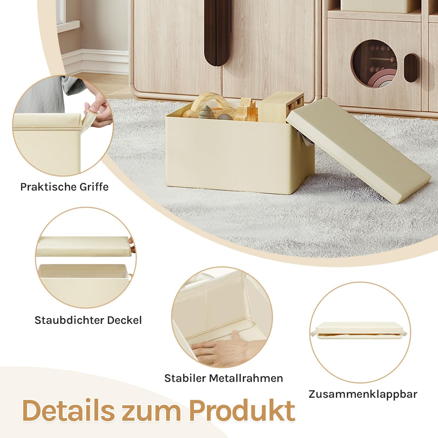 WOLTU Aufbewahrungsbox – Deckel – Zusammenklappbar – Griffe – 3 Stück – 48 x 29 x 20 cm – Cremefarben