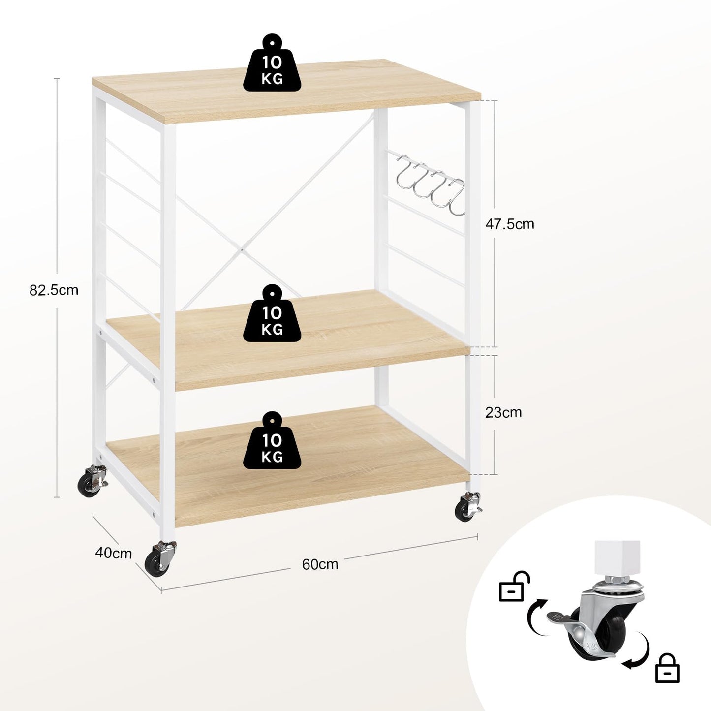Woltu Küchenregal – 60 x 40 x 82,5 cm – 3 Etagen – auf Rollen – helles Eiche/Weiß