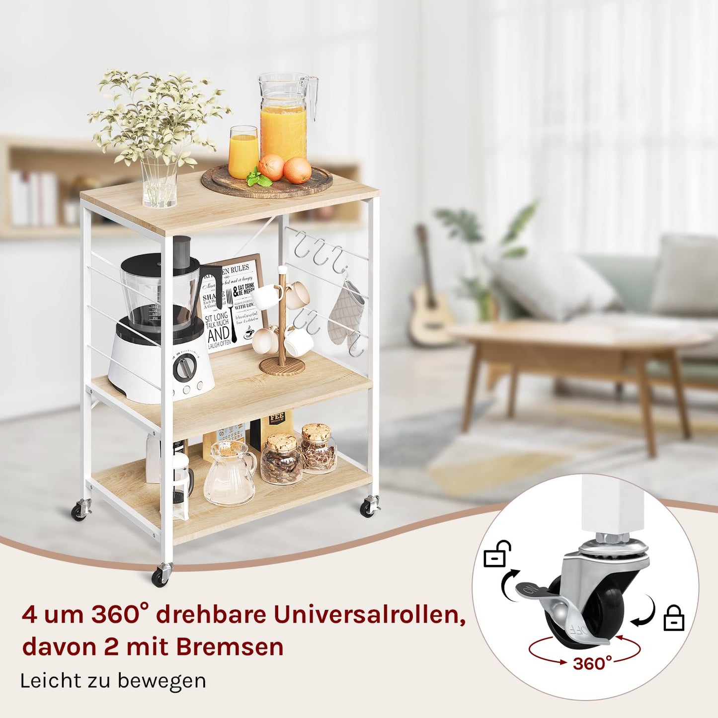 Woltu Küchenregal – 60 x 40 x 82,5 cm – 3 Etagen – auf Rollen – helles Eiche/Weiß