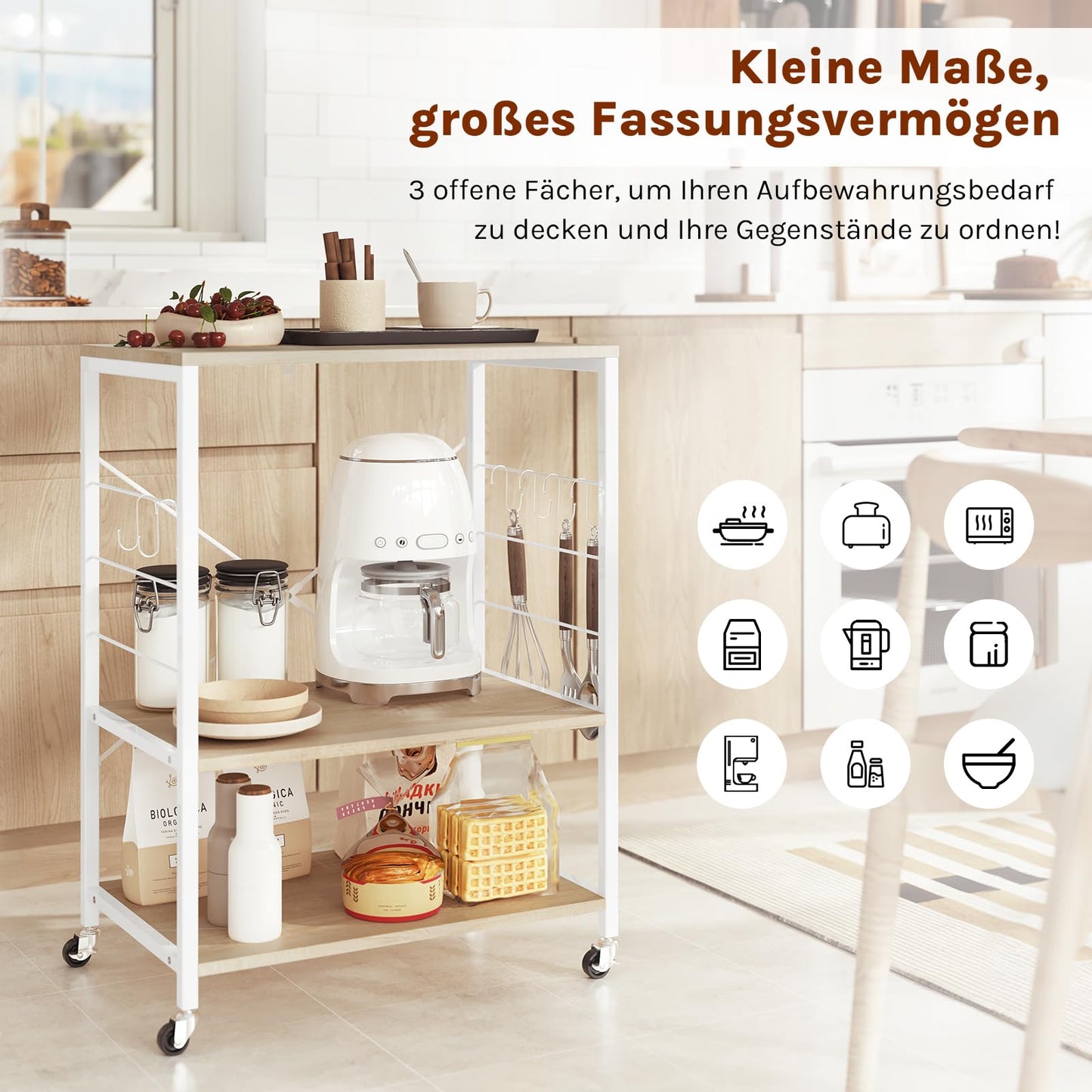 Woltu Küchenregal – 60 x 40 x 82,5 cm – 3 Etagen – auf Rollen – helles Eiche/Weiß