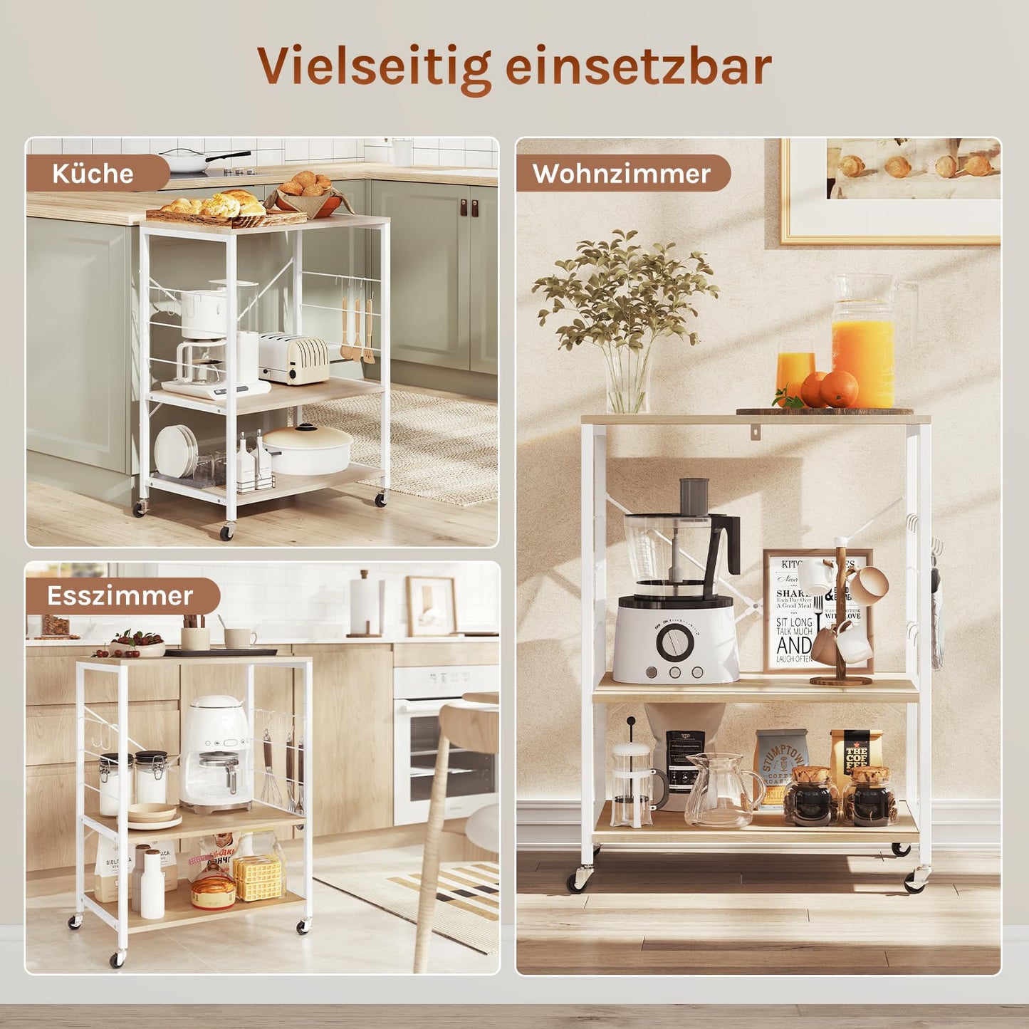 Woltu Küchenregal – 60 x 40 x 82,5 cm – 3 Etagen – auf Rollen – helles Eiche/Weiß