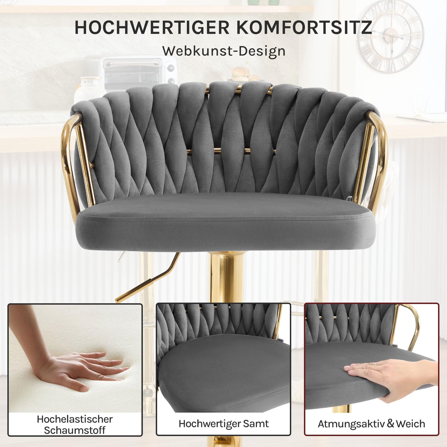 Woltu Barhocker – höhenverstellbar – um 360° drehbar – Samt – Dunkelgrau