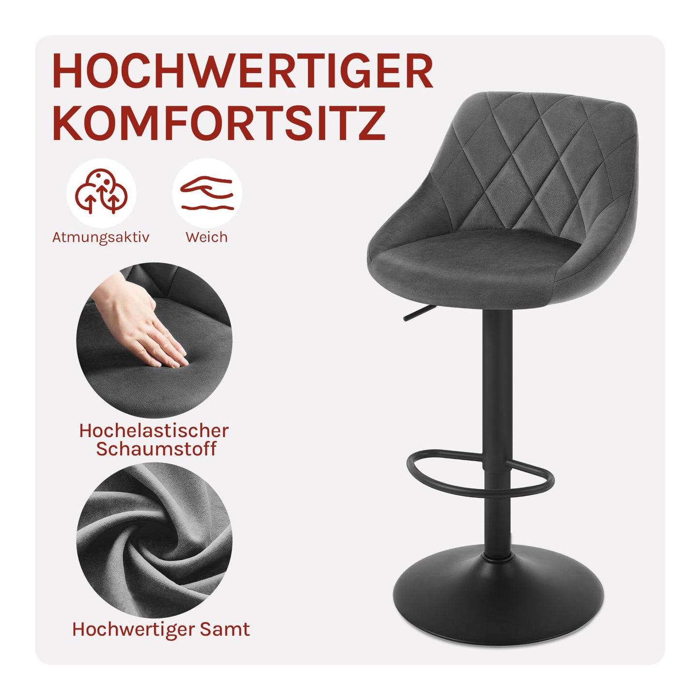 Woltu Barhocker – Samt – höhenverstellbar – um 360° drehbar – dunkelgrau