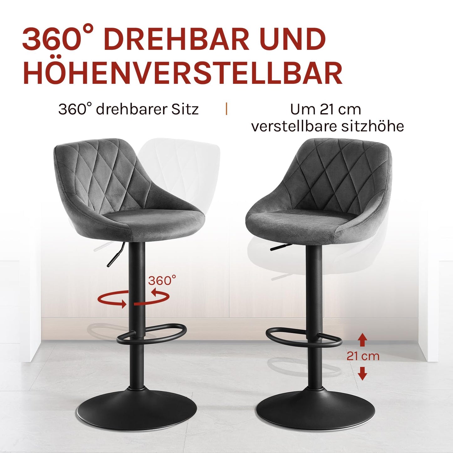 Woltu Barhocker – Samt – höhenverstellbar – um 360° drehbar – dunkelgrau