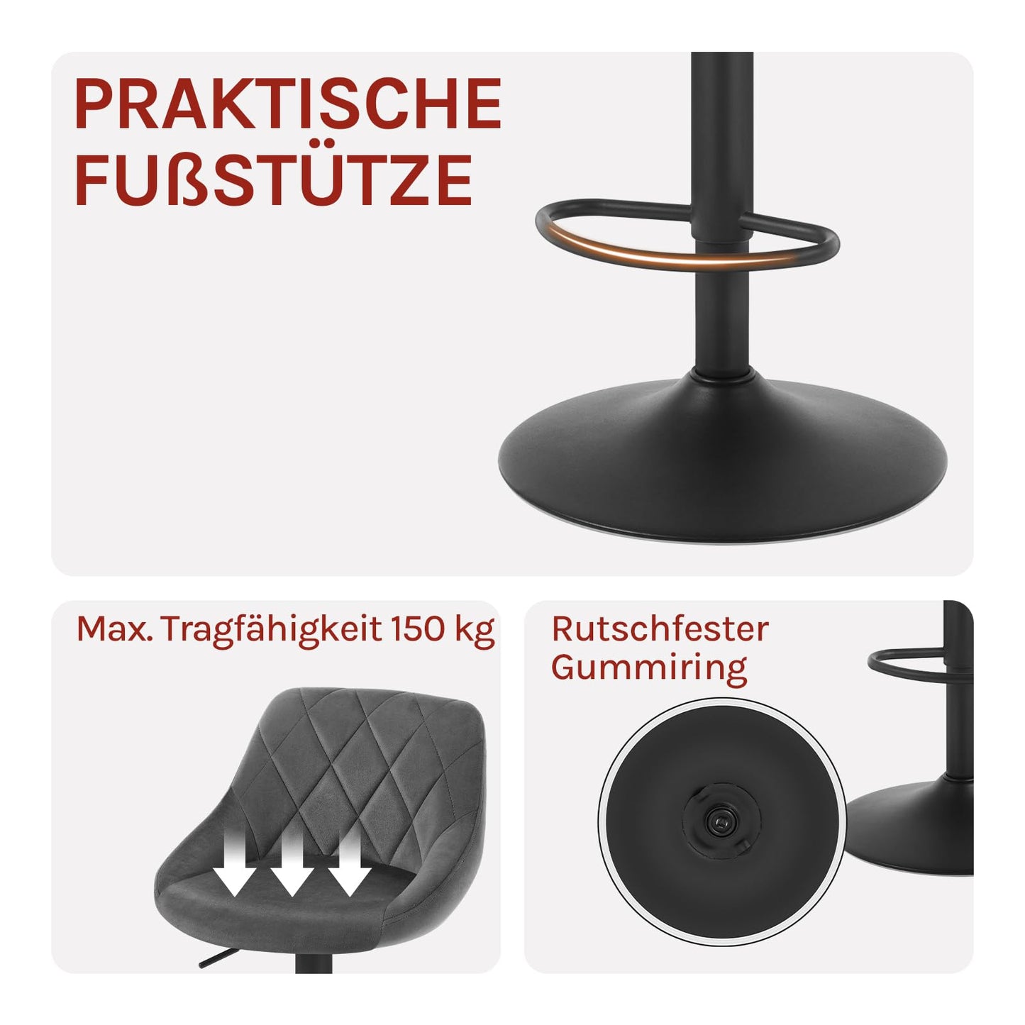 Woltu Barhocker – Samt – höhenverstellbar – um 360° drehbar – dunkelgrau