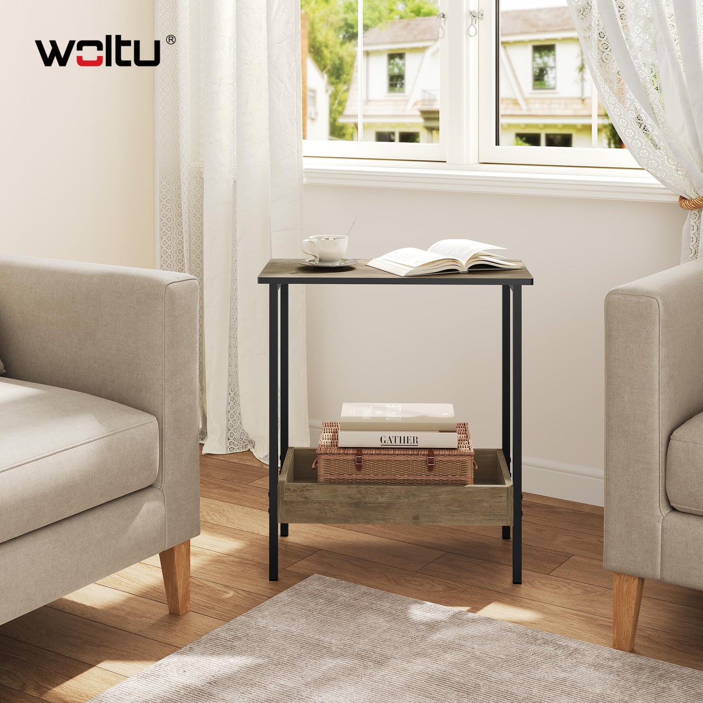 Woltu Beistelltisch – 50 x 55 x 25 cm – 2 Ablagen – Schwarz/Grau in Holzoptik