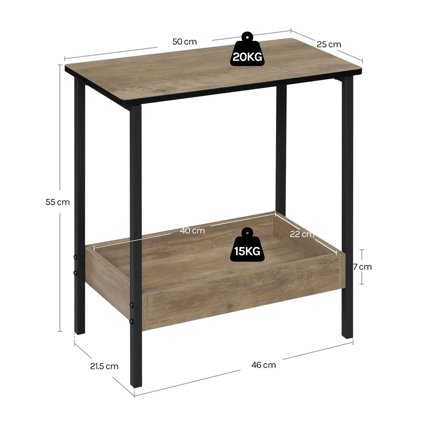 Woltu Beistelltisch – 50 x 55 x 25 cm – 2 Ablagen – Schwarz/Grau in Holzoptik