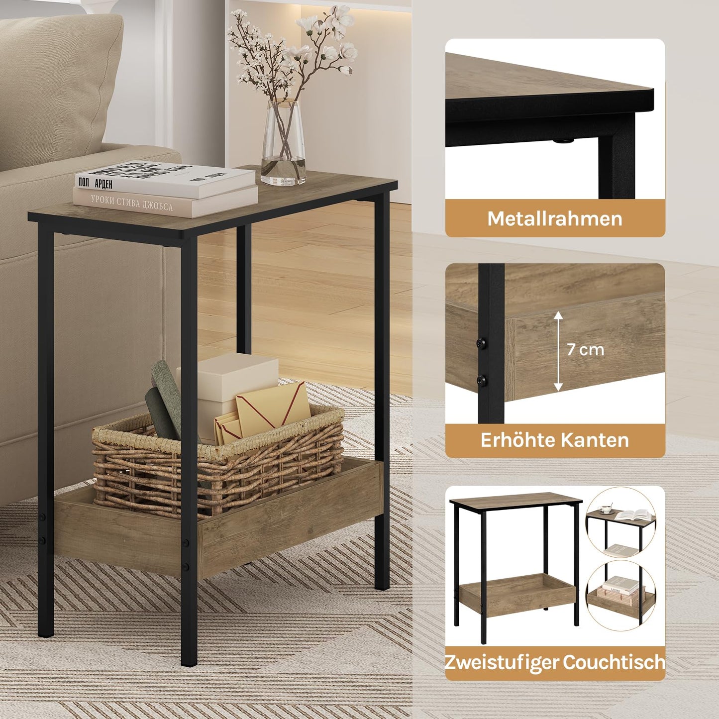 Woltu Beistelltisch – 50 x 55 x 25 cm – 2 Ablagen – Schwarz/Grau in Holzoptik
