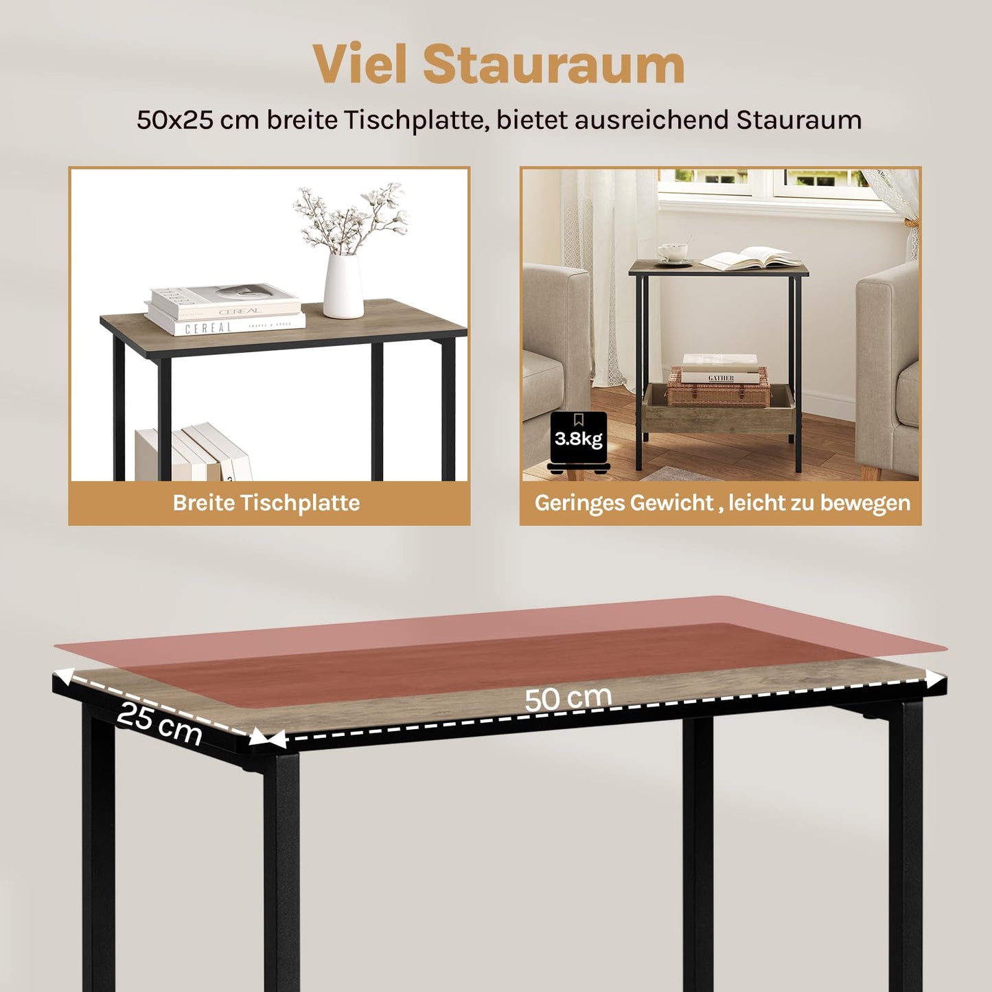 Woltu Beistelltisch – 50 x 55 x 25 cm – 2 Ablagen – Schwarz/Grau in Holzoptik