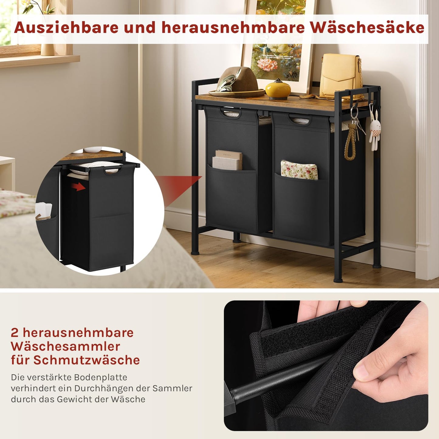 Woltu Wäschekorb – 2 Fächer – 80 l – mit Ablage – Schwarz