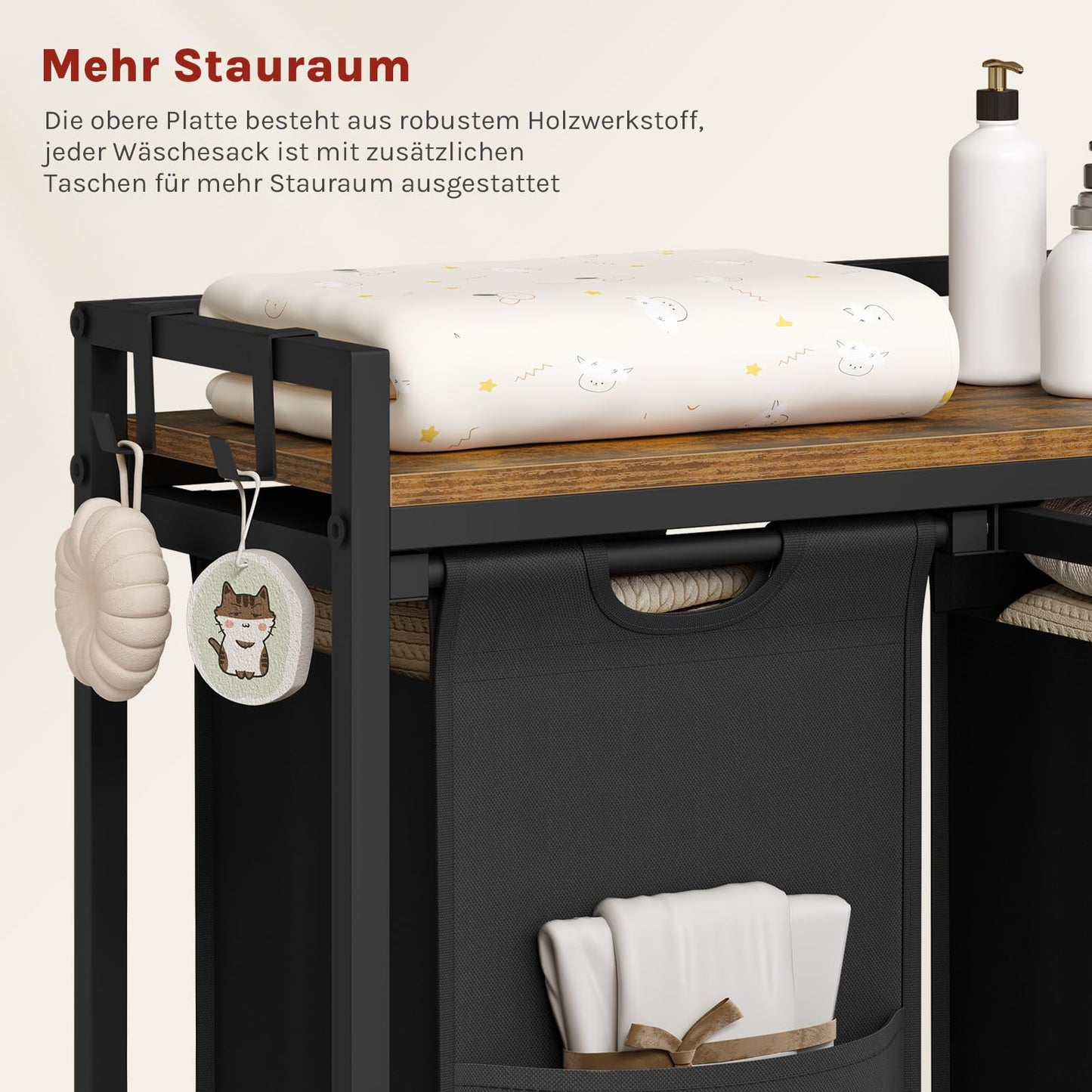 Woltu Wäschekorb – 2 Fächer – 80 l – mit Ablage – Schwarz