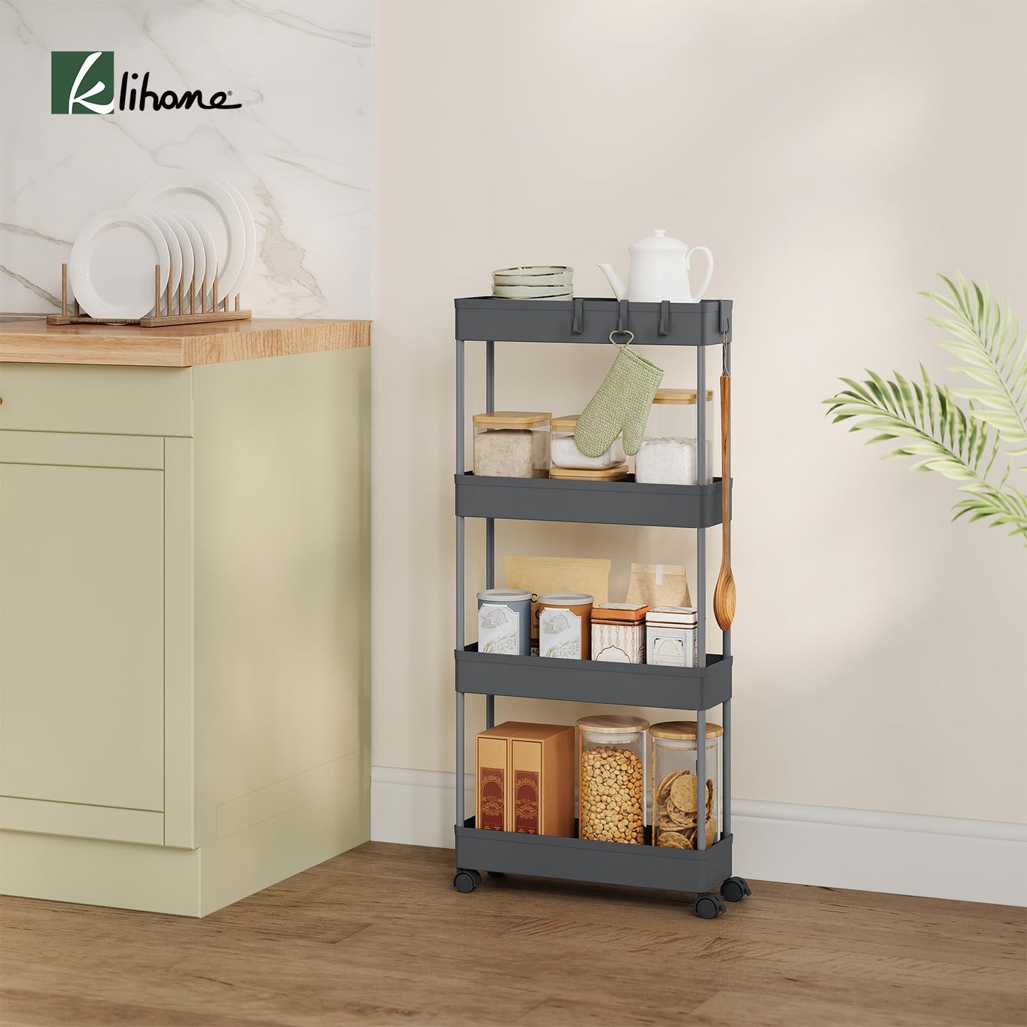Klihome Servierwagen – Küchenwagen mit 4 Ablagen – auf Rollen – grau – 39 x 83,5 x 12,5 cm