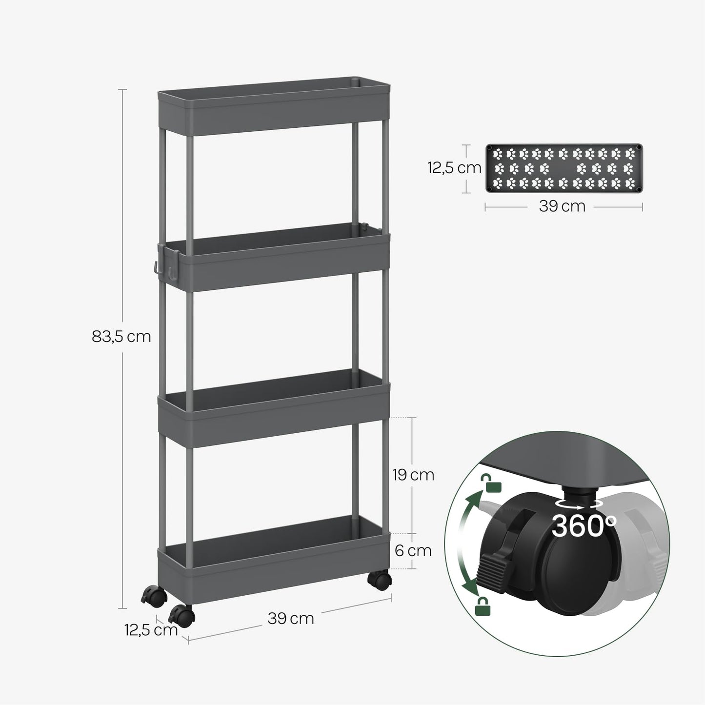Klihome Servierwagen – Küchenwagen mit 4 Ablagen – auf Rollen – grau – 39 x 83,5 x 12,5 cm
