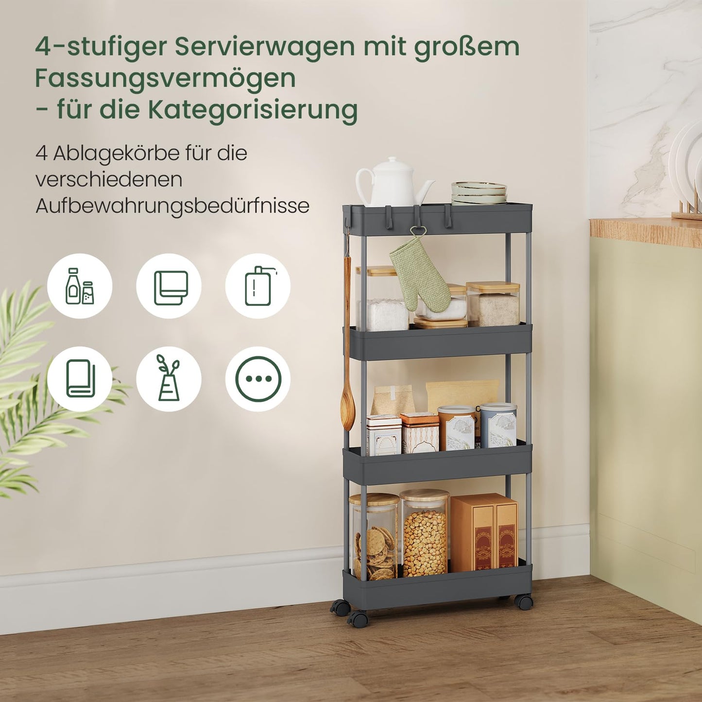 Klihome Servierwagen – Küchenwagen mit 4 Ablagen – auf Rollen – grau – 39 x 83,5 x 12,5 cm
