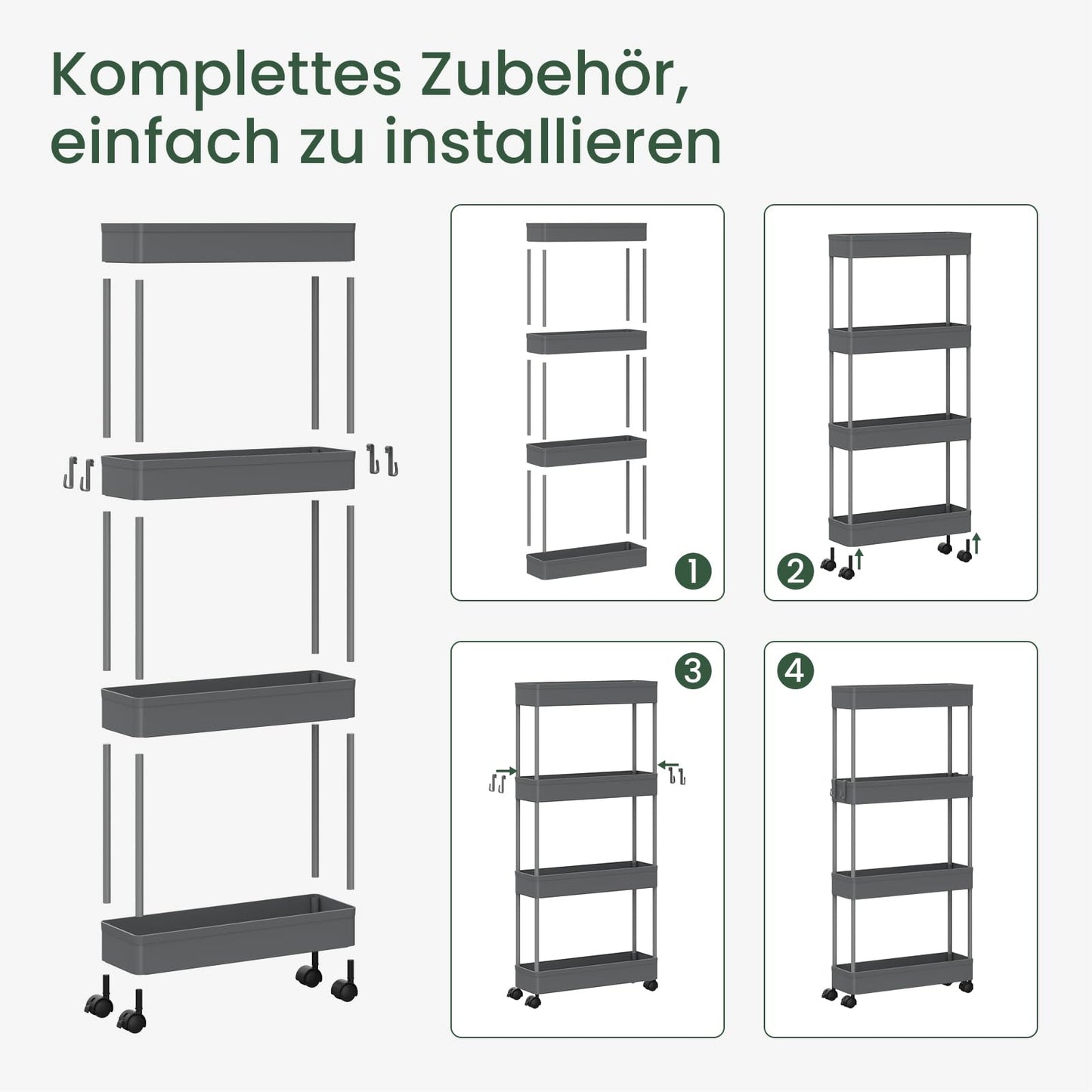 Klihome Servierwagen – Küchenwagen mit 4 Ablagen – auf Rollen – grau – 39 x 83,5 x 12,5 cm