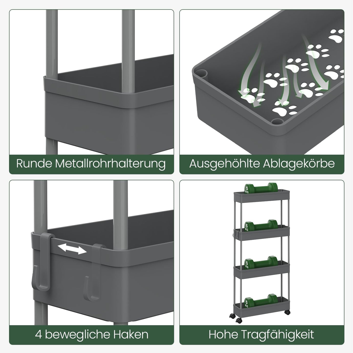 Klihome Servierwagen – Küchenwagen mit 4 Ablagen – auf Rollen – grau – 39 x 83,5 x 12,5 cm