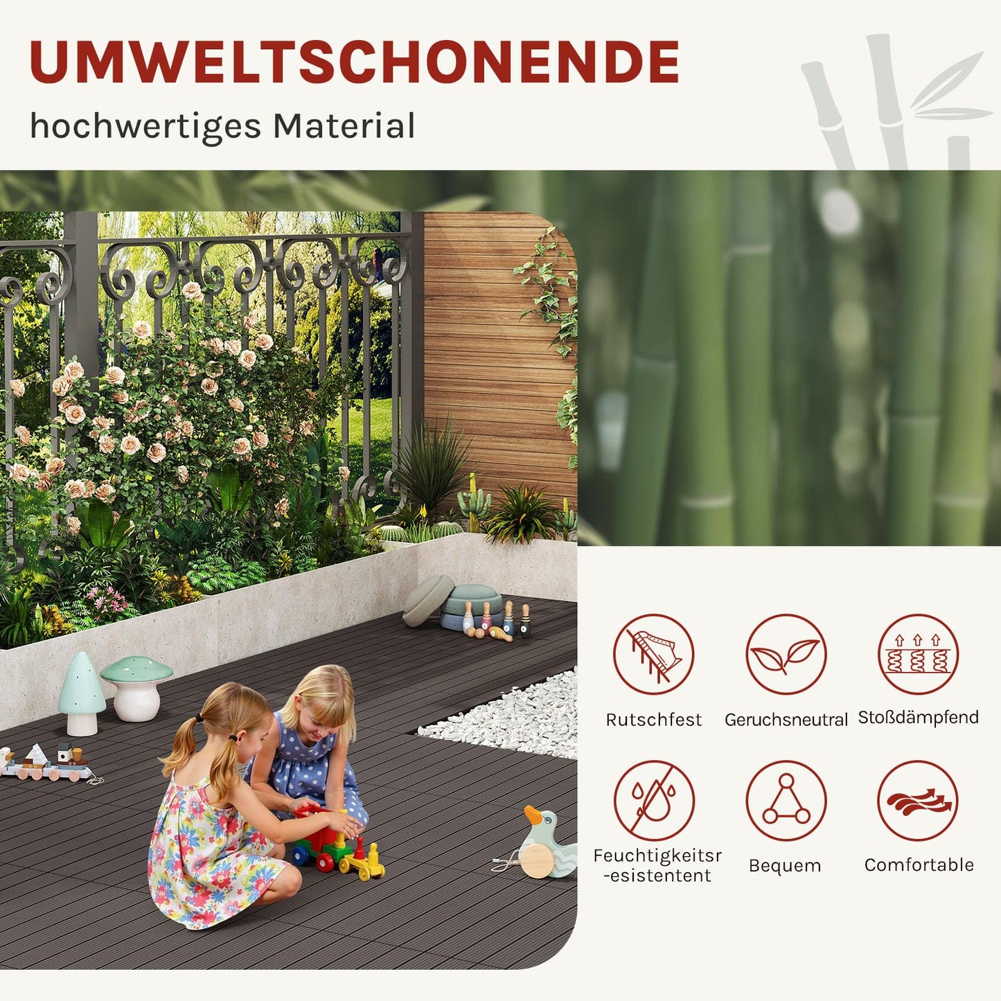 WOLTU WPC-Terrassenfliesen – Holzoptik – Klicksystem – 30 x 60 cm – kaffeefarben – 12 Stück, 2 m²