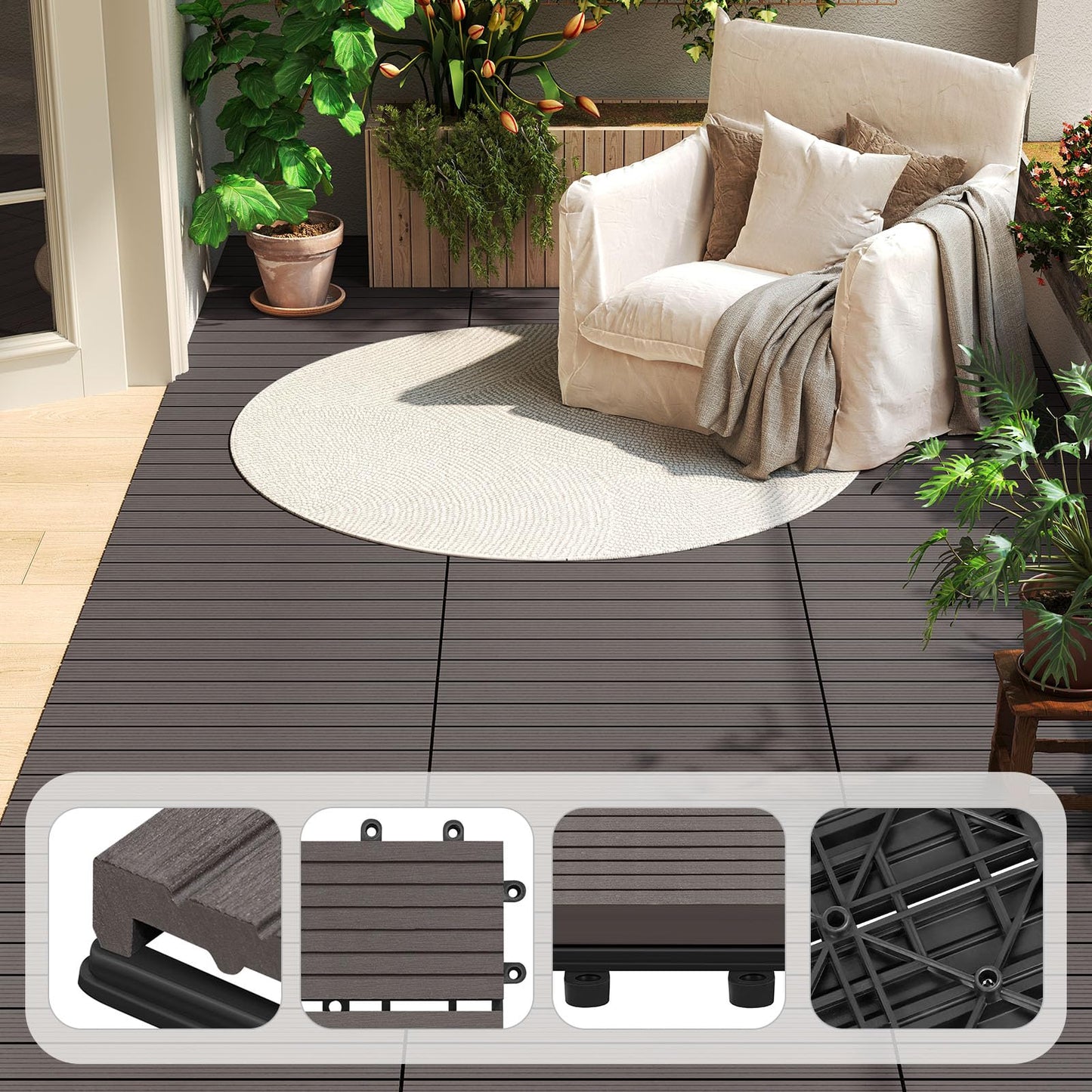 WOLTU WPC-Terrassenfliesen – Holzoptik – Klicksystem – 30 x 60 cm – kaffeefarben – 12 Stück, 2 m²