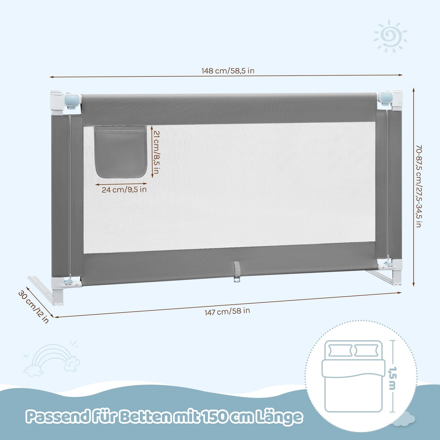 WOLTU – Bettgitter 150 cm – Höhenverstellbar 69–87 cm – Klappbares Bettgitter – Dunkelgrau